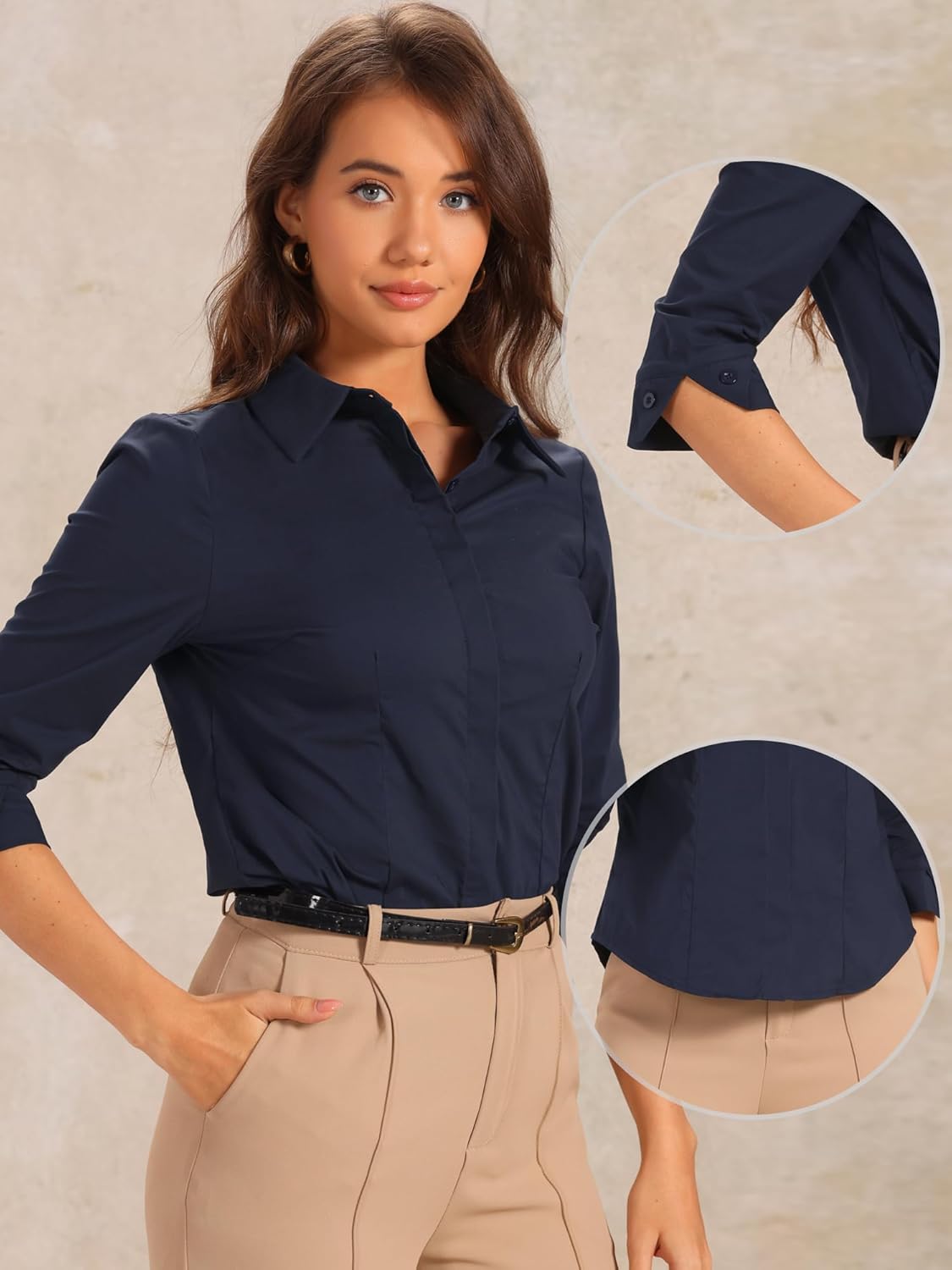 Allegra K Button Down Collared Shirt for Women's 3/4 Sleeves Split Cuff Business Formal Top - Image 2