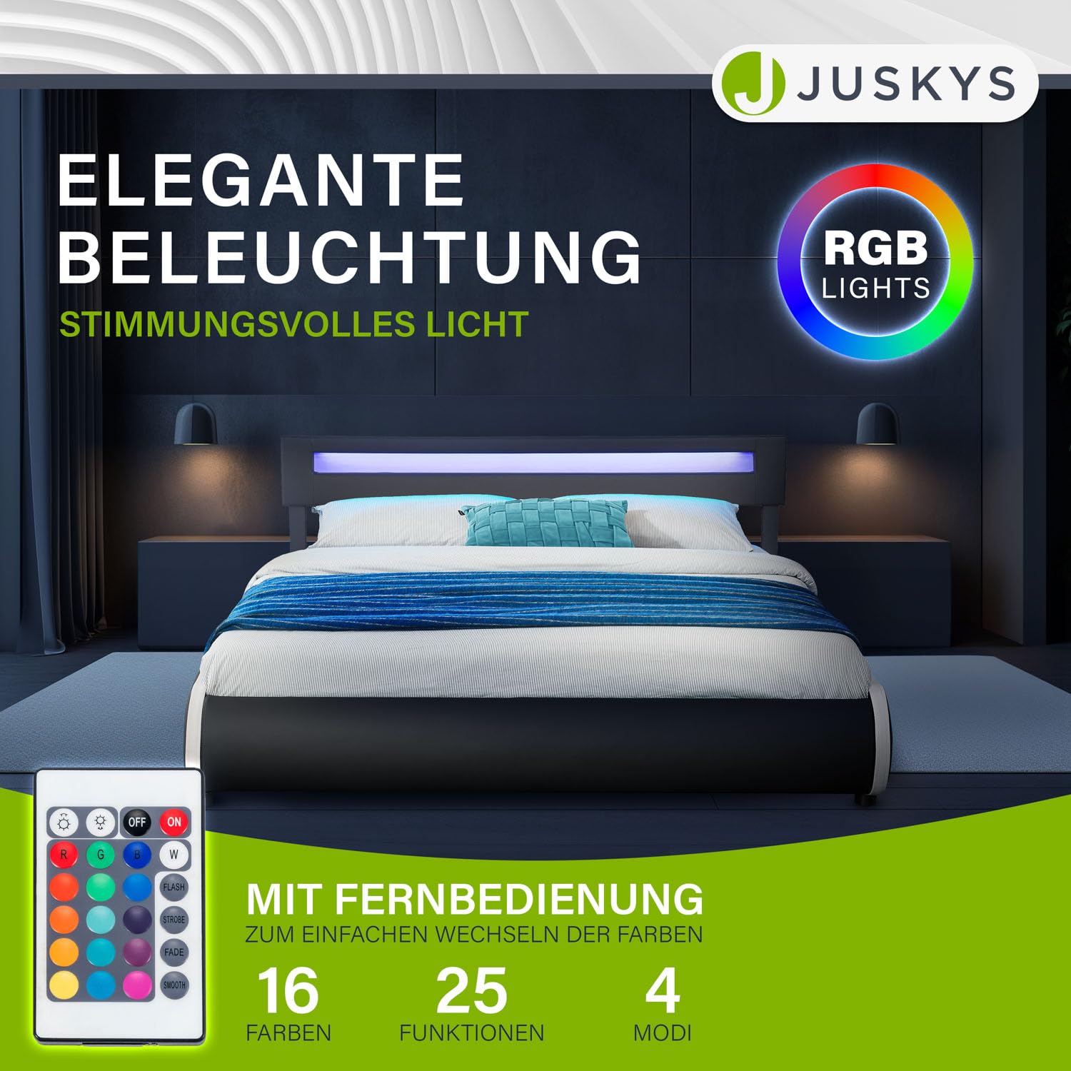 Juskys Polsterbett Sevilla 180x200 cm mit LED Beleuchtung, Lattenrost & Kopfteil - Holz & Kunstleder - 16 Farbeinstellungen & Fernbedienung - Bett Bettgestell Doppelbett - Grau