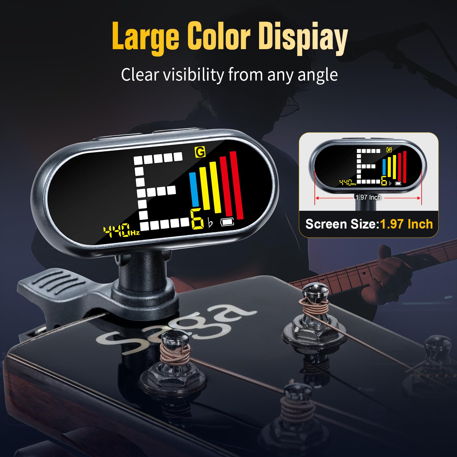 EX Afinador de guitarra profesional recargable con pantalla LCD, afinador cromático de clip para guitarra acústica, bajo, ukelele, violín y todos los instrumentos