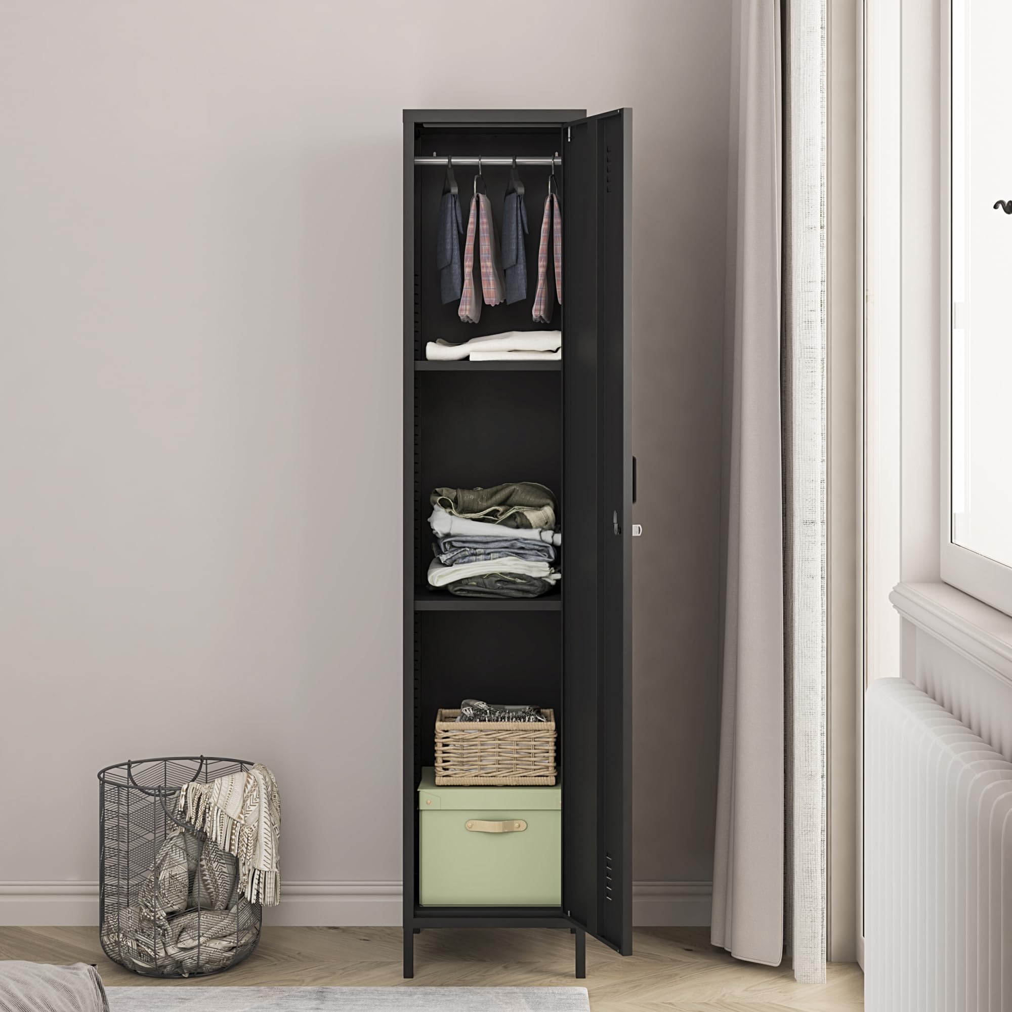 [en.casa] Armario Ropero Seinäjoki Guardarropa Armario Metálico de Oficina con 1 Puerta y 2 Estantes para Taller Vestuario Acero 180 x 38 x 38 cm - Negro