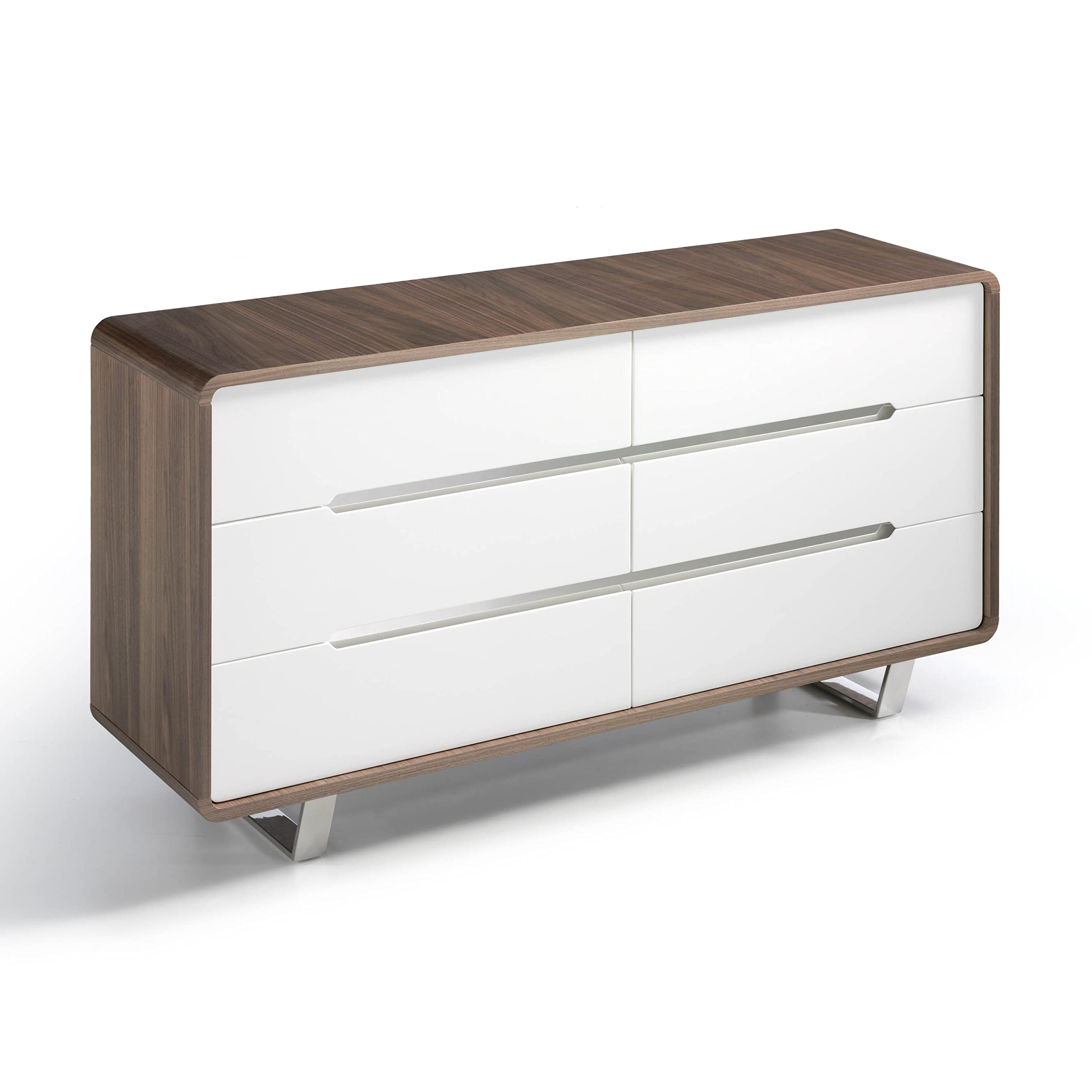 Angel Cerdá - Cómoda de Madera Nogal y Blanco Brillo - Cómoda Mueble con Seis Cajones Soft-Closing y Patas de Acero Cromado - Cómoda Moderna y Funcional para Dormitorio - 140 x 39 x 70 cm