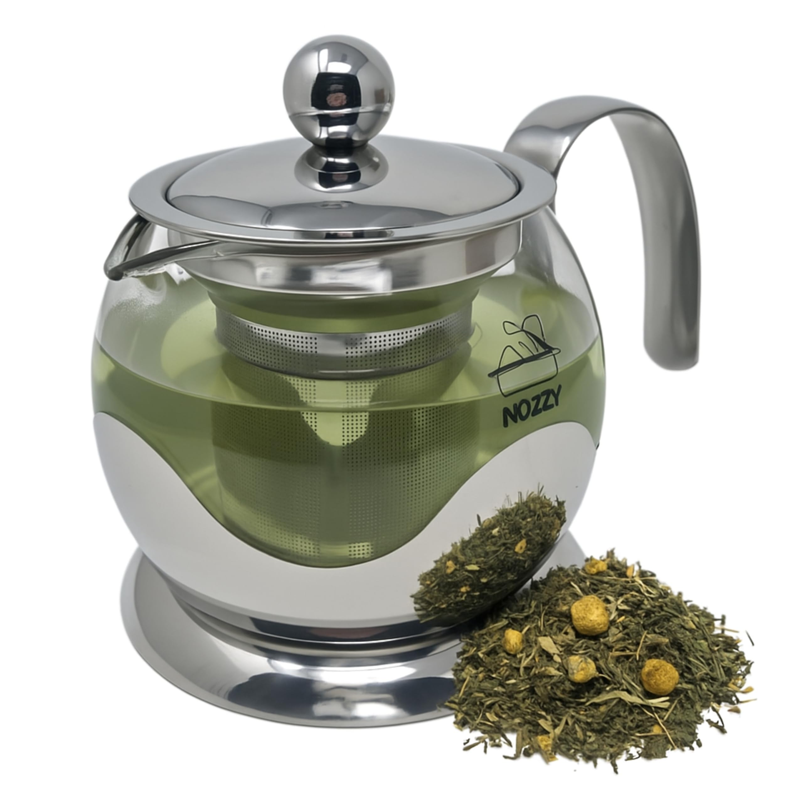 Nozzy Glass Teapot with Stainless Steel Infuser, 800ml Borosilicate Tea Pot, Clear Modern Design with Strainer for Loose Tea, 4-6 Cups