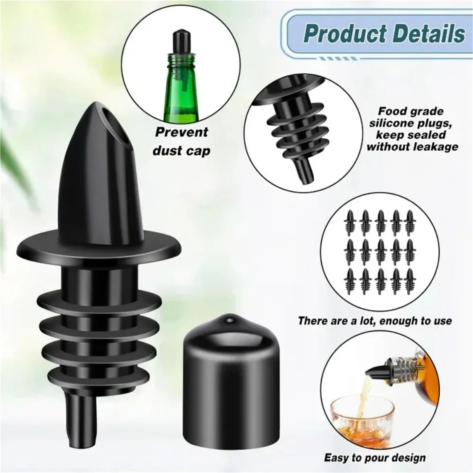 Stainless Steel Pourers Boquillas for Verter Botellas, vertedores de Licor plástico con Tapas Goma for, for Pubs(100pcs)