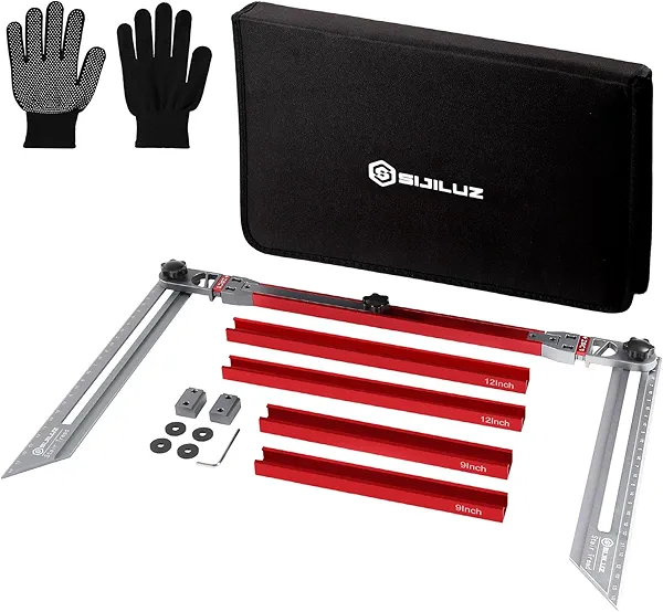 Stair Tread Template Tool, Upgrade Stair Gauge Tool, Accurate Stair Measuring Tool with Gloves, Aluminum Stair Tread Jig Scribe Tool for Riser, Shelf and Cutting Drywall