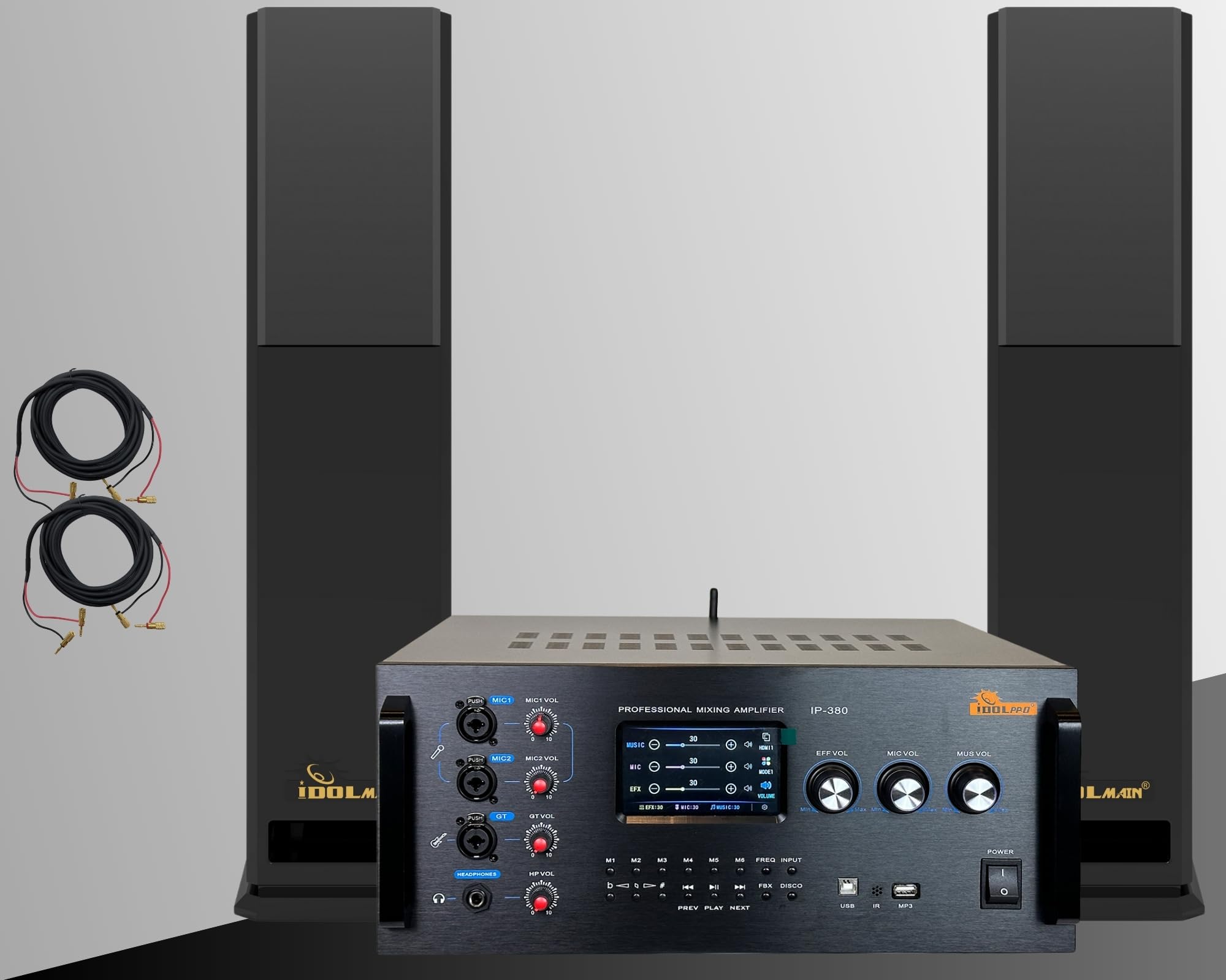 Professional Karaoke Touchscreen Mixing Amplifier IP-380, Bluetooth Compatible, 2 Mic Inputs, Digital Display, HDMI, USB/MP3 Support with 4000W Floor Standing Speakers Home Karaoke System