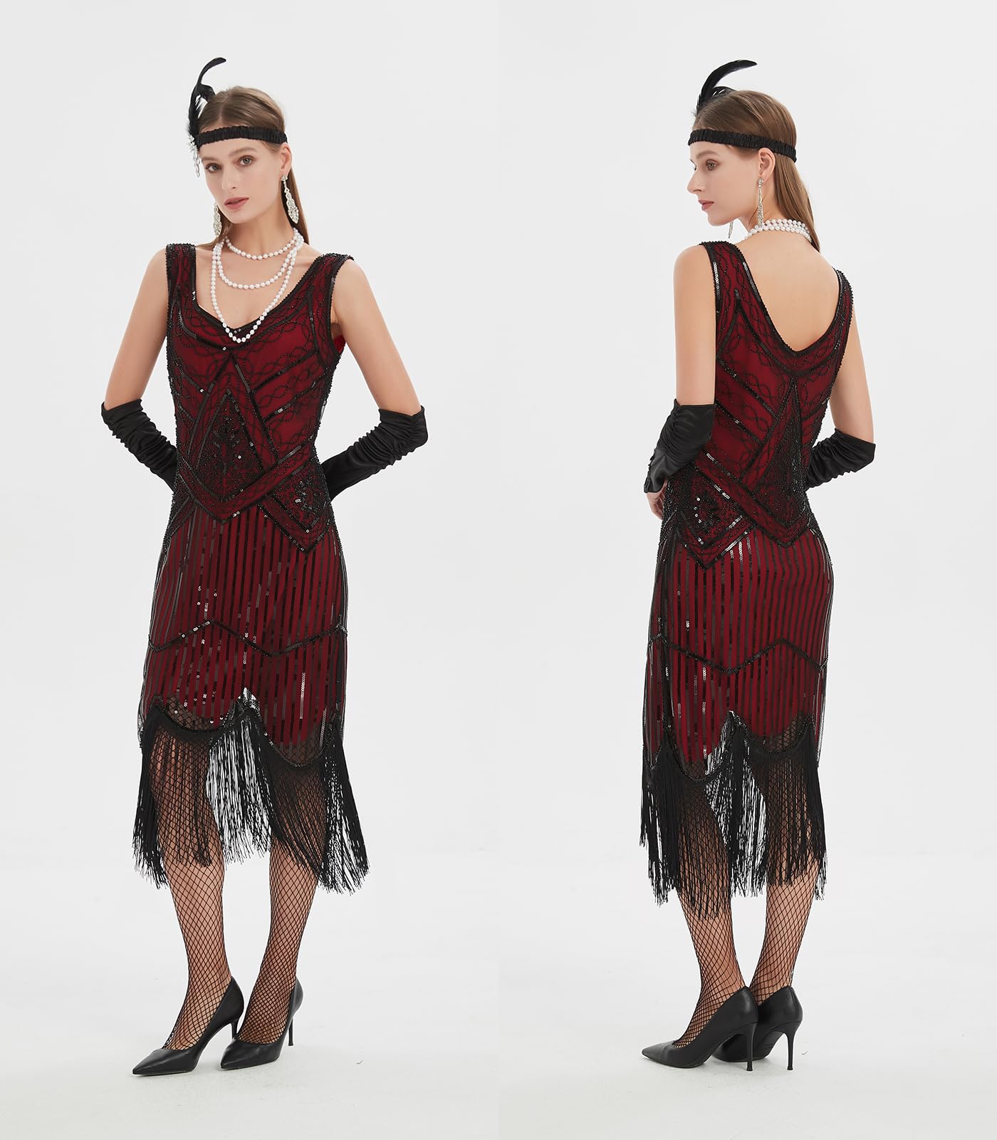 WILDPARTY Robe de cocktail style années 1920 pour femme – Robe de cocktail avec col en V, perles à paillettes et franges – Robe de cocktail avec accessoires des années folles (noir et rouge, taille