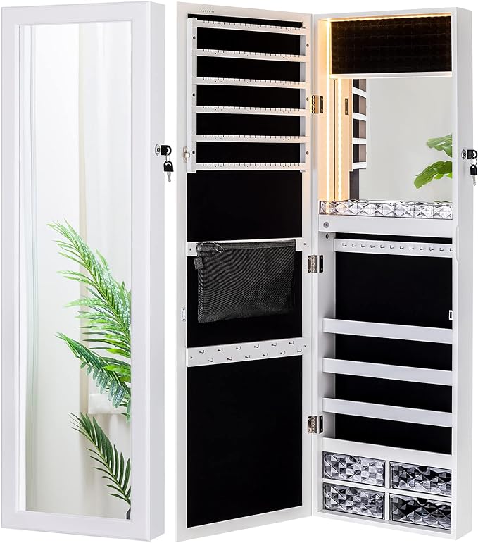 LUXFURNI Jewelry Mirror Makeup Lockable Armoire WallMount/Door