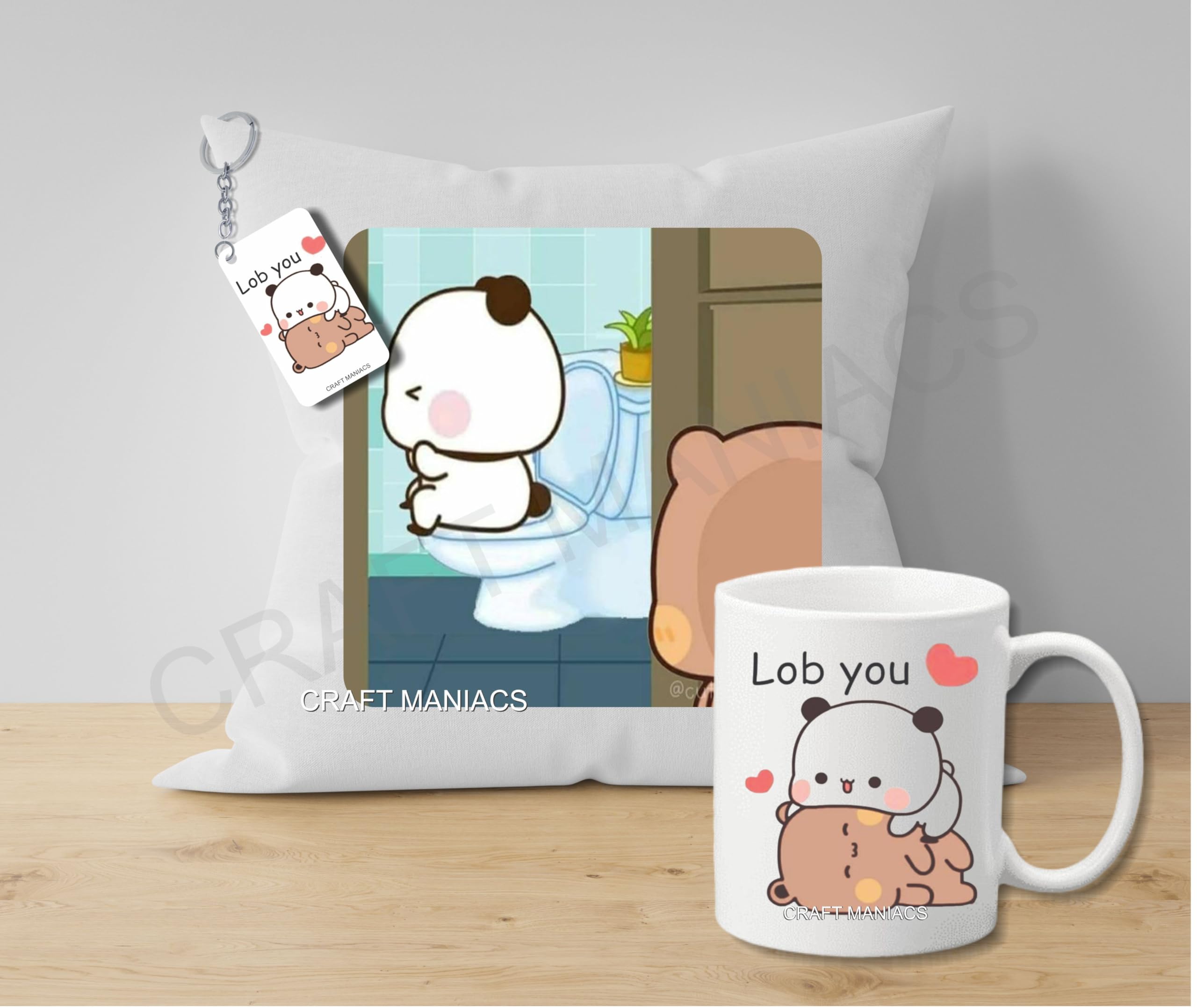 CRAFT MANIACS Dudu Watching Bubu Poo Poo Pillow Mug Keychain Gifting Combo : A 16 * 16 Pillow with Filler Inside, One 350 ML White Mug & Free Wooden MDF Keychain