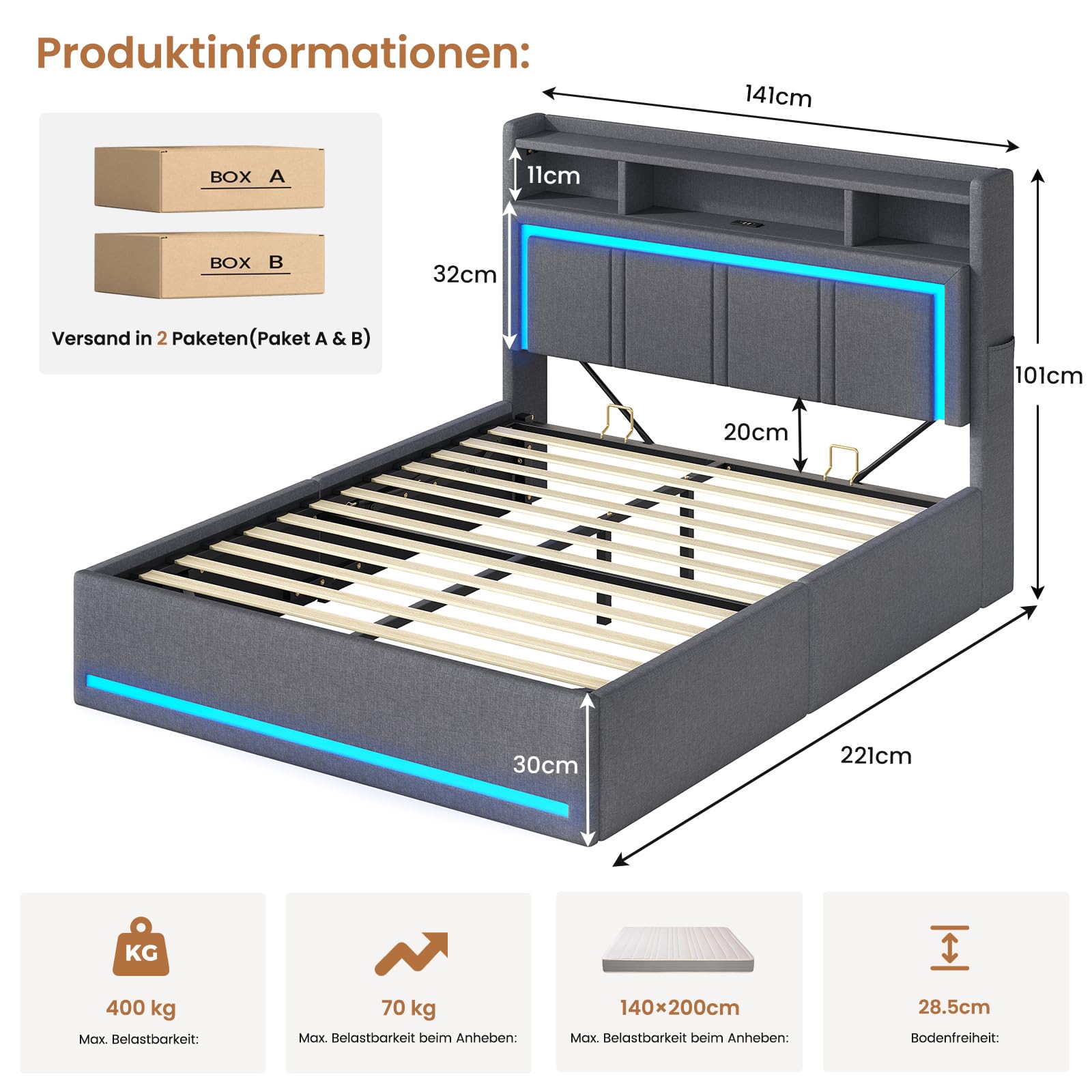AOGLLATI Estructura Cama Matrimonio con Canapé Abatible 140x200 Gris Oscuro | LED regulable, 3 USB, 1 Type-C, almacenamiento hidráulico, cabecero tapizada
