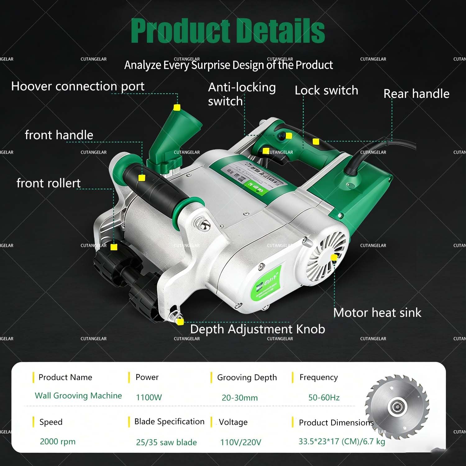 Ranuradora De Pared Eléctrica, 2000 RPM, 1100 W De Potencia, Cuchillas De 25 Mm Y 35 Mm, Diseño Portátil Con Caja. Ideal Para Electricistas, Plomeros Y Otros Contratistas.(Green)