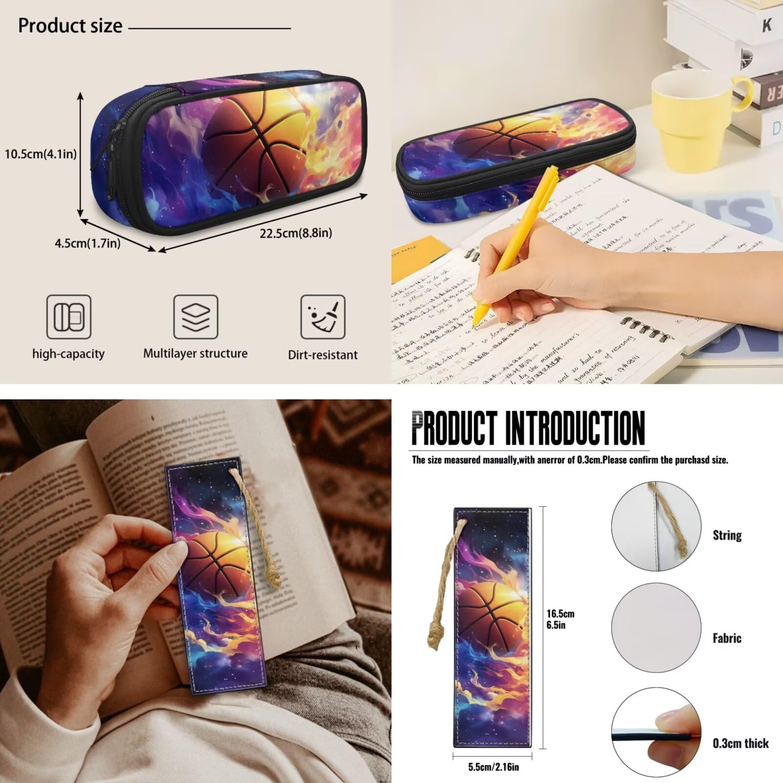 5-teiliges Schulrucksack-Set mit Lunchtasche, Stifttasche, 2-teiliges Lesezeichen für Grundschulkinder, Galaxy-Basketball, Modern