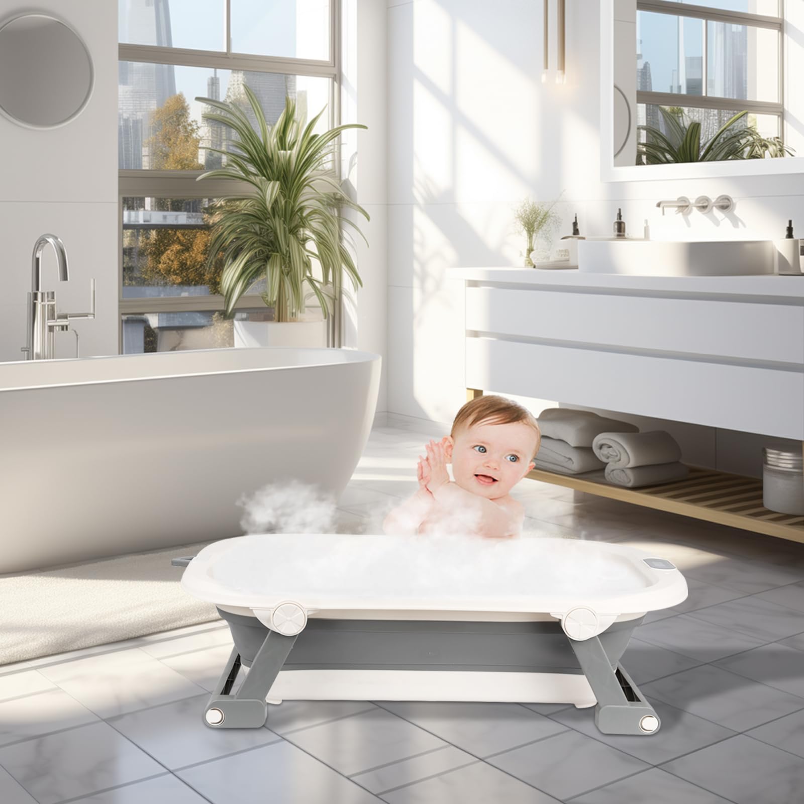Bañera plegable para bebé con cojín antideslizante, termómetro incorporado, diseño portátil para el hogar y los viajes, XXL Benoire para bebé de baño, fácil de limpiar (gris, 80 x 50 x 22 cm)