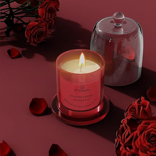 Miniatura 3 de TTRWIN Vela perfumada de rosa, cera de soja natural, tarro de cristal de rosa roja con cúpula de campana, 5.29 oz, 40 horas + vela de aromaterapia