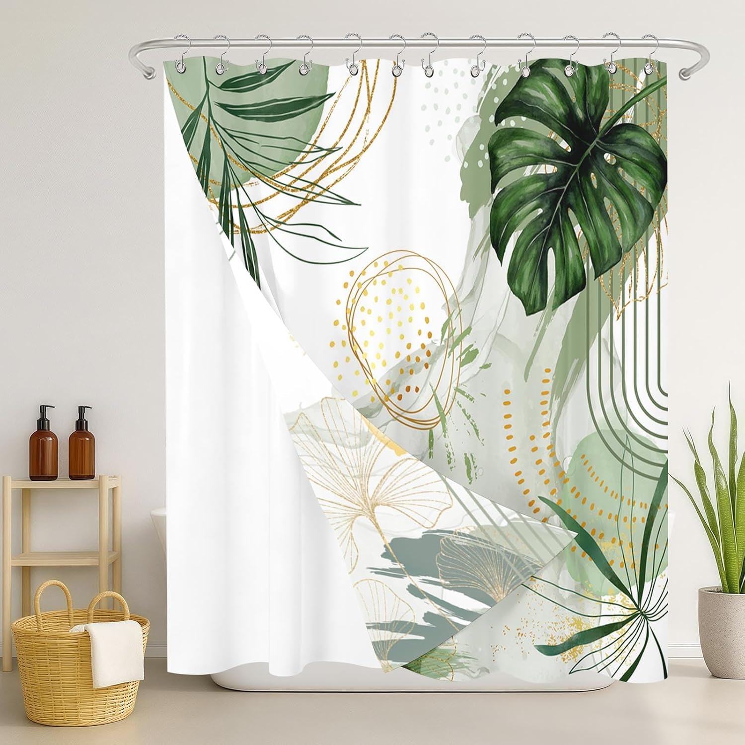Shower Curtain and Liner Set, Green Boho Gold Tropical Palm Leaves Shower Curtain and Liner with Double-Sided Stainless Steel Hooks, 3-in-1 Waterproof Fabric for Bathroom, 72x72 Inch