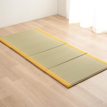 Ikehiko Rush Grass Bedding Mattress for Lounging, Single, Shiori, Yellow, Approx. 35.4 x 78.7 inches 90 x 200 cm, Indian Cotton, Sashiko, Compact Storage, Simple, Relaxing Effect, Antibacterial