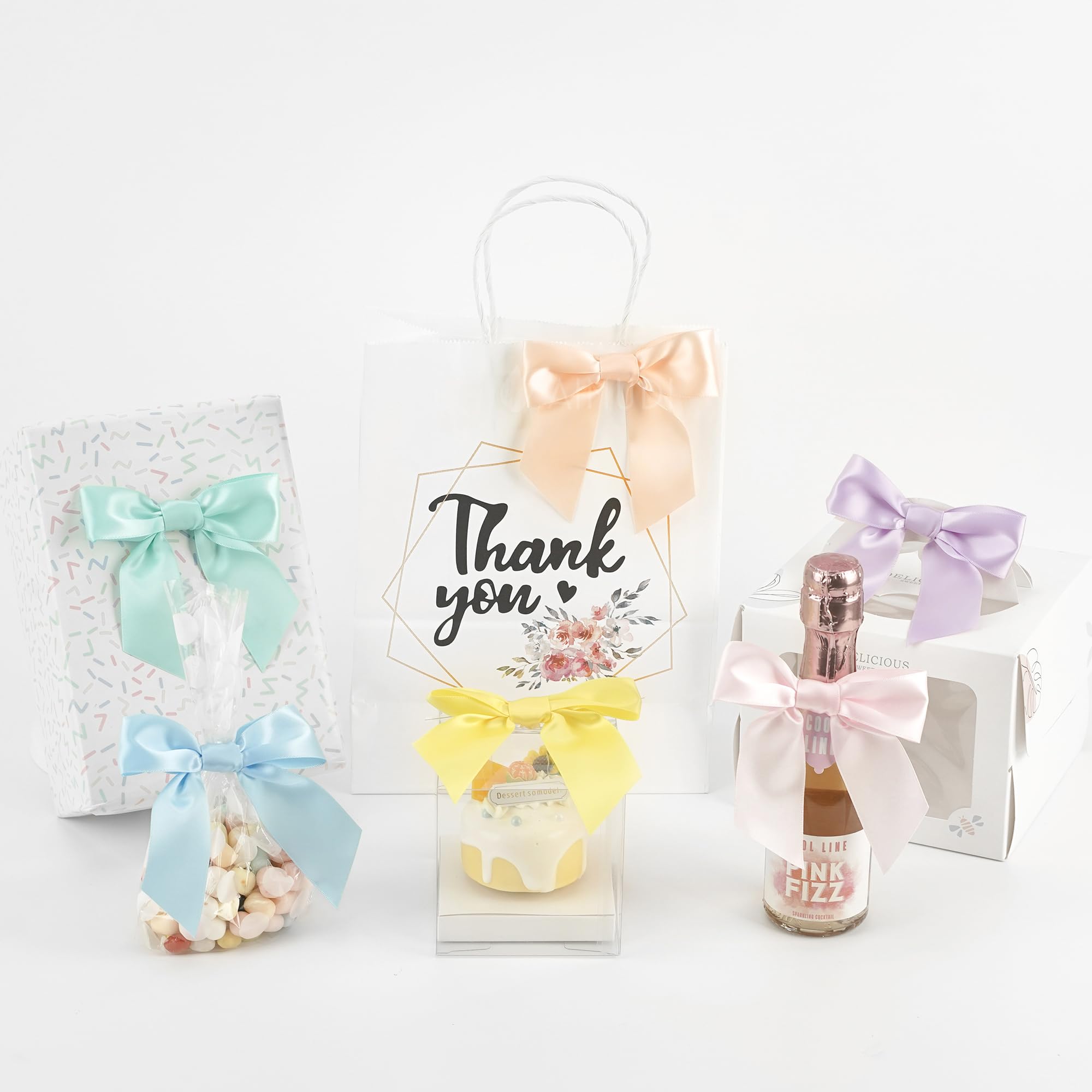 AIMUDI Pastel Bows 4.5" Satin Bows with Twist Ties 6 Colors Pastel Bow for Gift Wrapping Crafts Treat Bags Baskets Cake Pop Premade Bow for Easter Day
