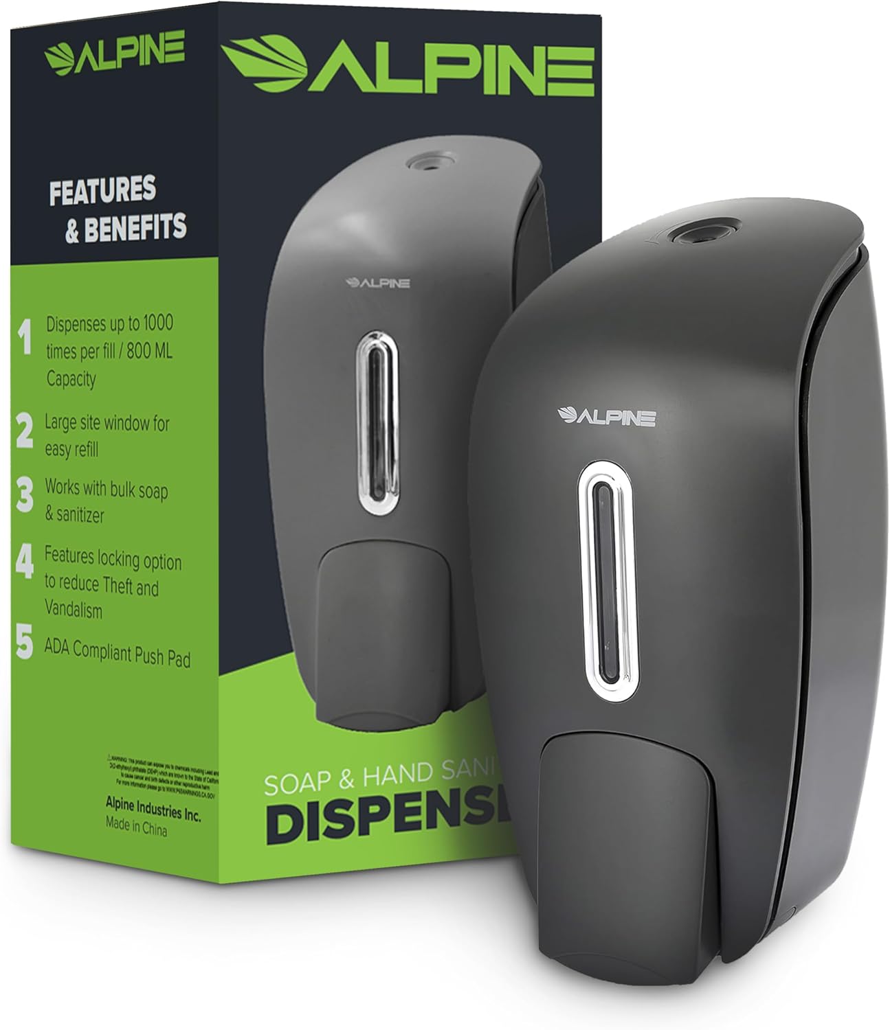 Alpine Industries Manual Soap Dispenser in Gray with packaging.