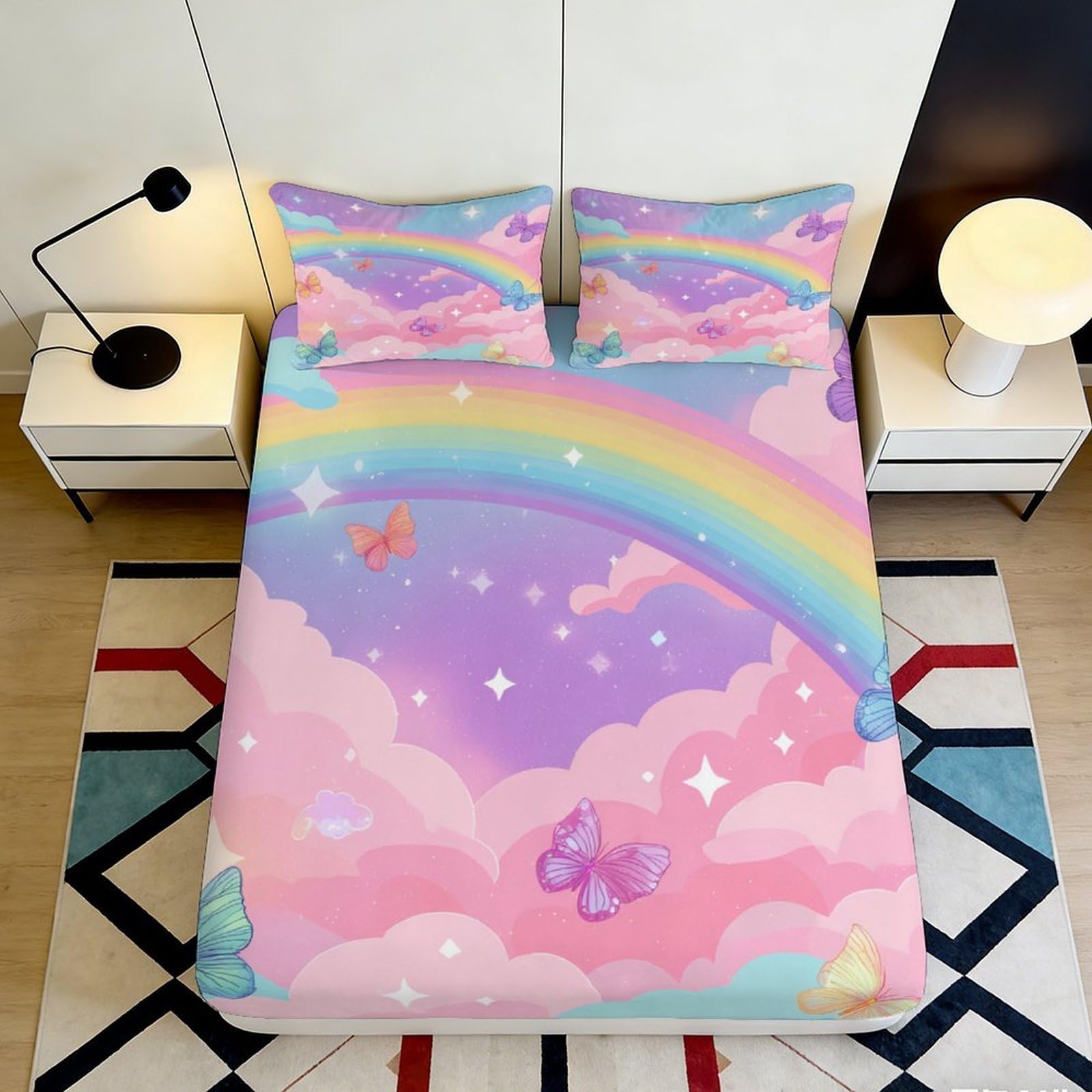 3D Printed Rainbow Dream Clouds Fitted Sheet Microfiber Pink Pastel Sky Mattress Cover Bedroom Dorm Decor 90x200x25cm