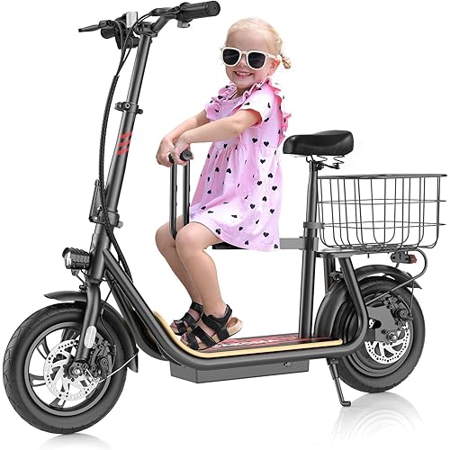 Caroma Electric Scooter with Seat, Max 30 Miles Range&20MPH Speed, Peak 800/1200W Motor, Foldable Electric Scooter for Adults and Teens, Commuter E Scooter with Basket&Adjustable Kid Seat
