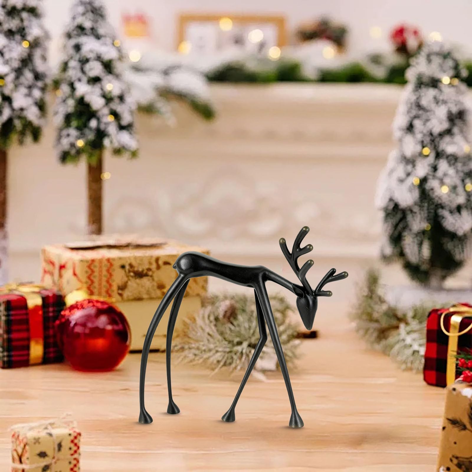 Reindeer Statues, Imitation Metal Reindeers Sculpture, Christmas Imitation Metal Black Reindeer Figurines, Finish European-Style Modern Decorative for Mantel Living Room Bedroom Office (H)