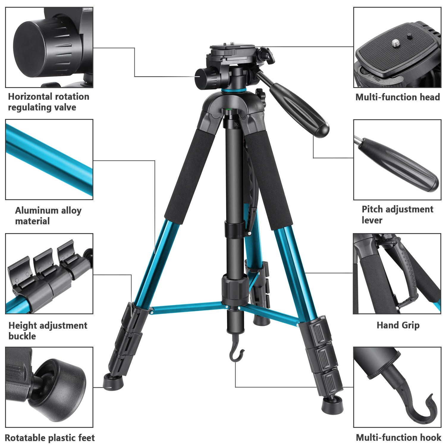 Neewer Portable Aluminum Alloy Camera Tripod Monopod 70inches/177centimeters with 3-Way Swivel Pan Head, Carrying Bag for Canon Nikon Sony DSLR Camera Camcorder up to 8.8 pounds/4 kilograms (Blue)