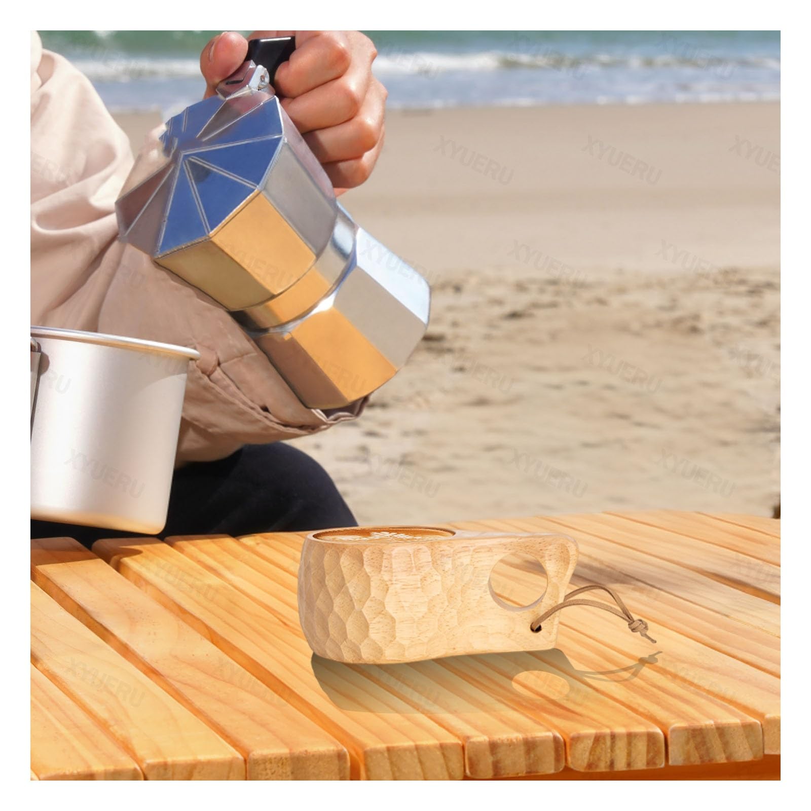 Taza de camping de madera, hecha a mano, taza de café de viaje con asa y correa para el cuello, taza de campo portátil para té y leche, esencial para senderismo al aire libre