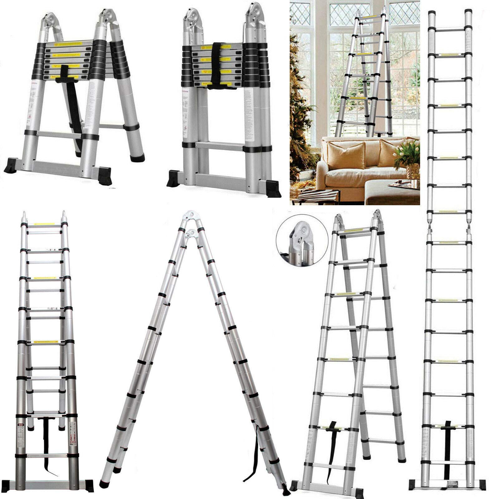 Dicn A Frame Ladder Telescopic 3.8M 12.5Ft 330Lb Capacity Collapsible Ladders 12 Step Extending Folding Multipuropose Aluminum Lightweight Portable Loft Attic Ladder Indoor Outdoor Diy Builer Roof Work