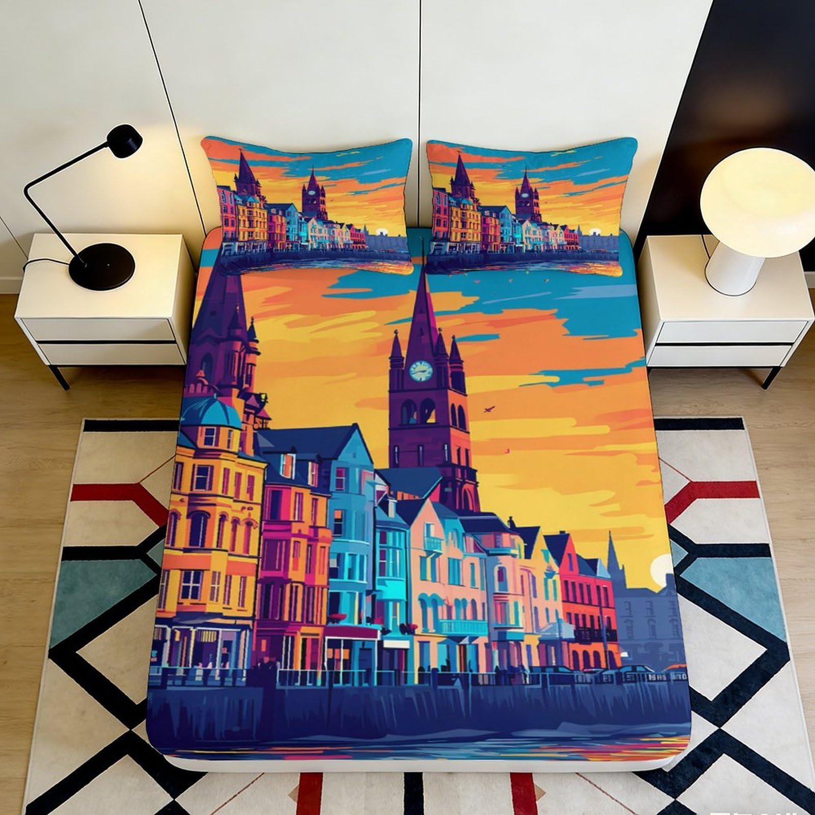 Pnayamiorkfel Style-10 3D Printed City Sunset Fitted Sheet Microfiber Soft Decor Urban Skyline Mattress Cover For Bedroom Guest Room 90X200x25cm