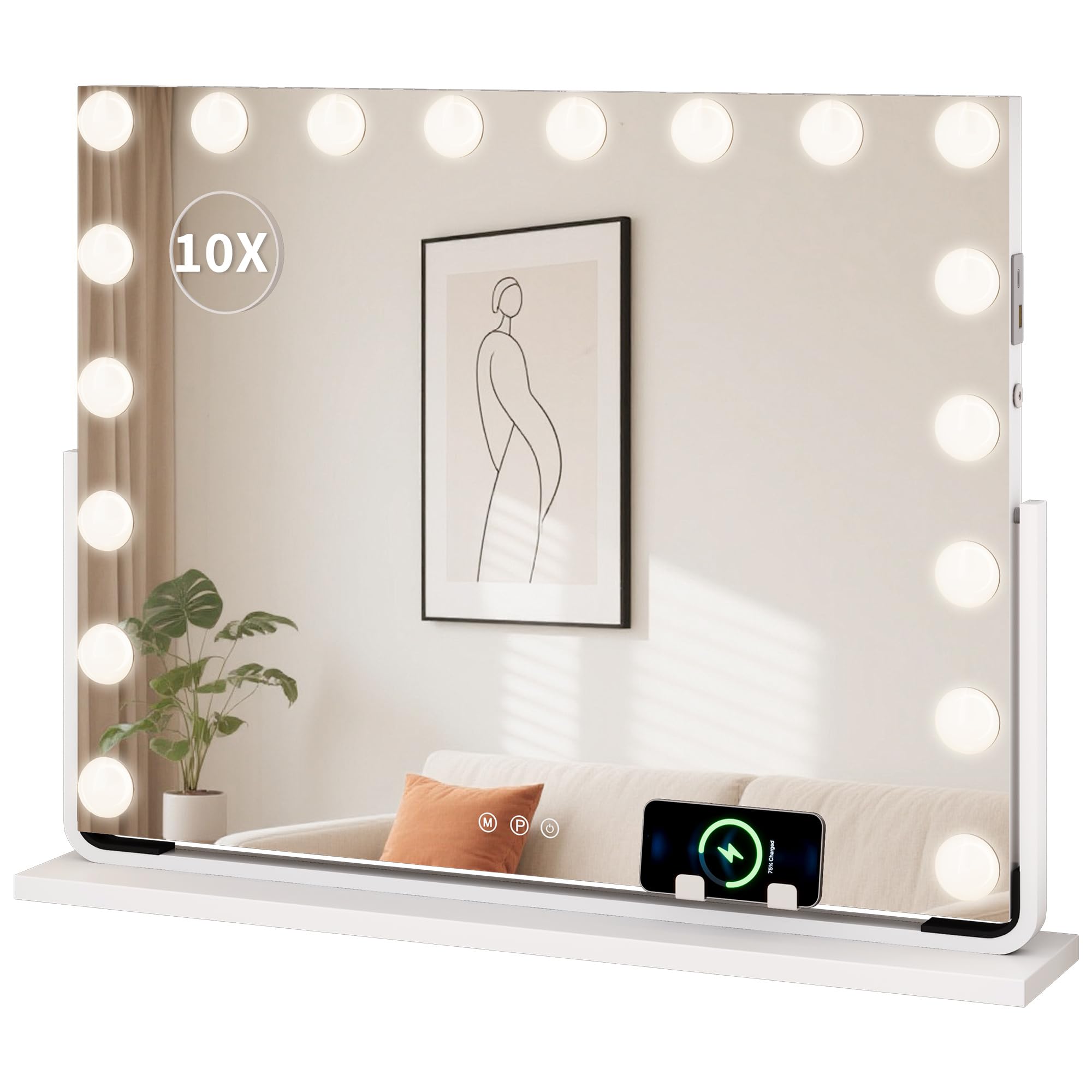 YITAHOME Miroir de Maquillage 18 LED avec éclairage, Style Hollywood avec Connexion USB & Type-C, 3 Températures de Couleur Réglables, Miroir Grossissant 10X & Support pour Téléphone, Blanc, 80x60cm