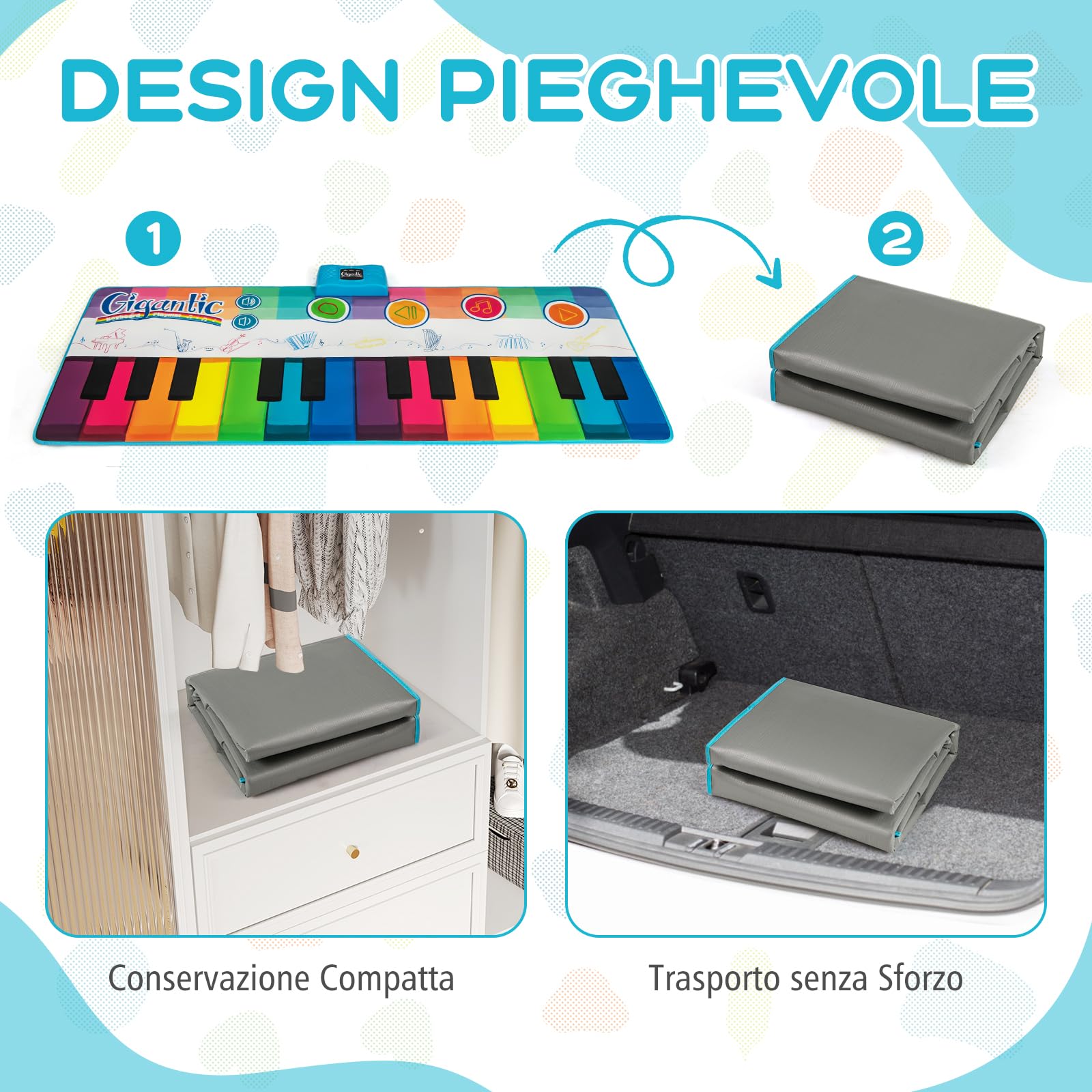 GYMAX Tappeto Pianoforte da 181 CM, Grande Tappeto da Ballo con Pianoforte a Tastiera con 24 Tasti, 8 Suoni di Strumenti, 10 Canzoni, Riproduzione e Volume Regolabile, per Bambini 3+ Anni