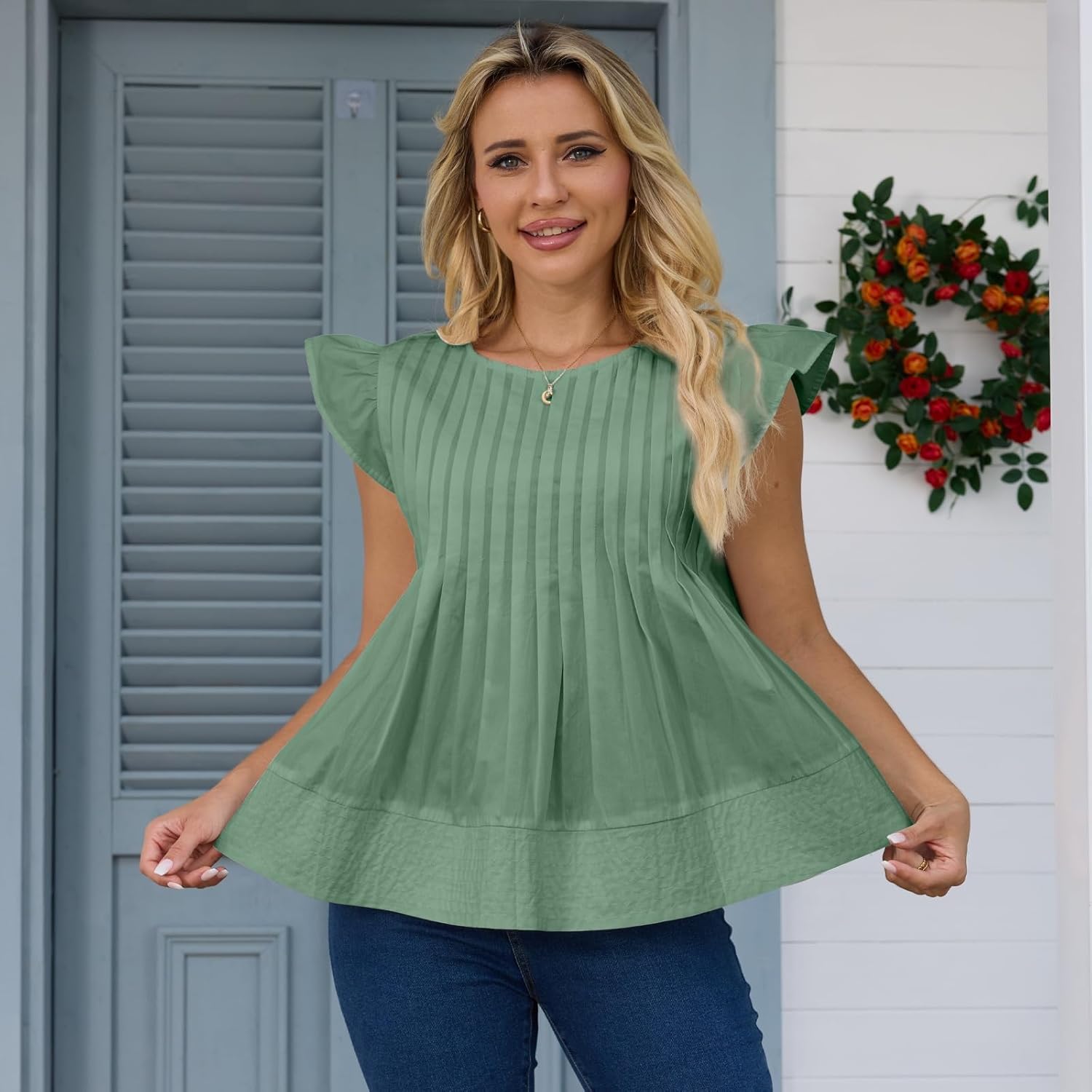 Womens Summer Tops Babydoll Peplum Blouses Casual Ruffle Sleeve Round Neck Pleated A Line Shirts Tank Top - Image 3