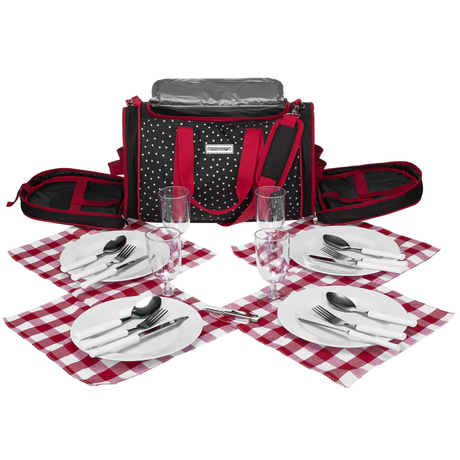 anndora Picknick Kühltasche + Decke + Zubehör schwarz weiß gepunktet