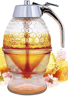 Hunnibi Honey Dispenser No Drip Glass - Honey Container - Maple Glass Syrup Dispenser - Beautiful Honey Comb Shaped Honey Pot - Glass Honey Jar with Stand - Great Bee Decor - Honey Containers