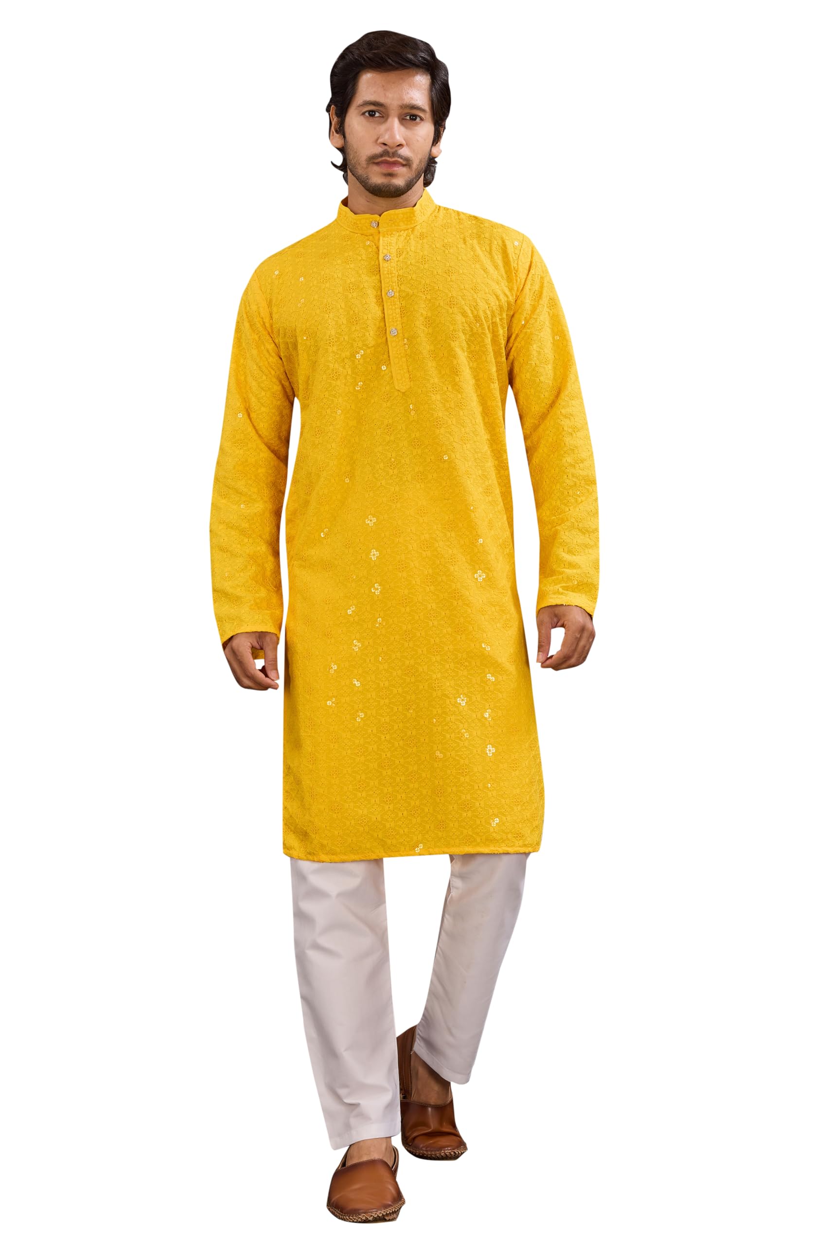 online bazaar Men's Yellow Chikankari Kurta, Sequins Embroidered, Full Sleeve, Mandarin Collar, Ethnic Wear Kurta-picture-31