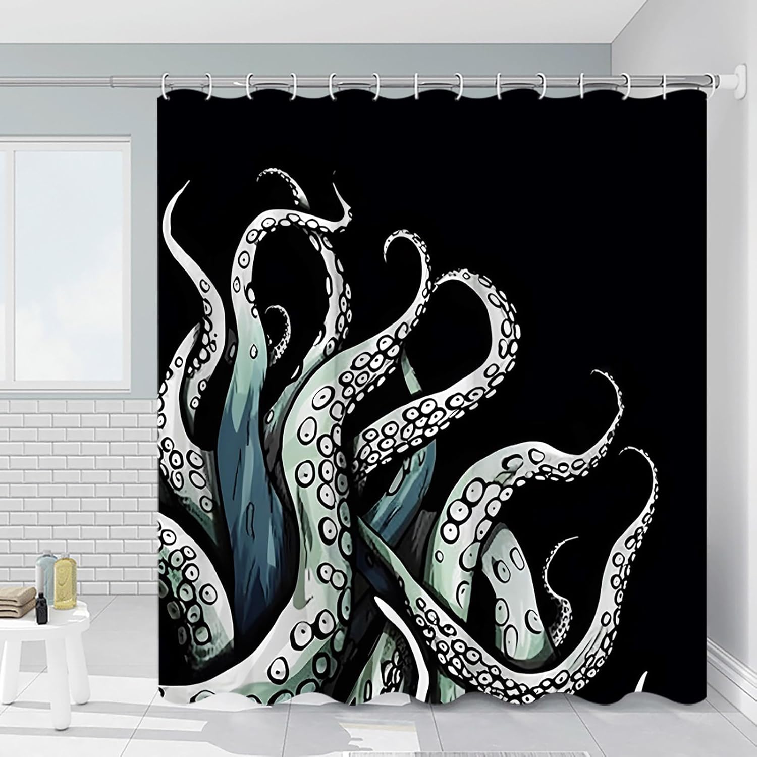 Black Octopus Tentacles Shower Curtain Kraken Ocean Animal Green Sea Underwater Creature Simple Black Backdrop Cool Creative Art Bathroom Decor Curtains Set Polyester Fabric with Hooks 108 x 70 IN