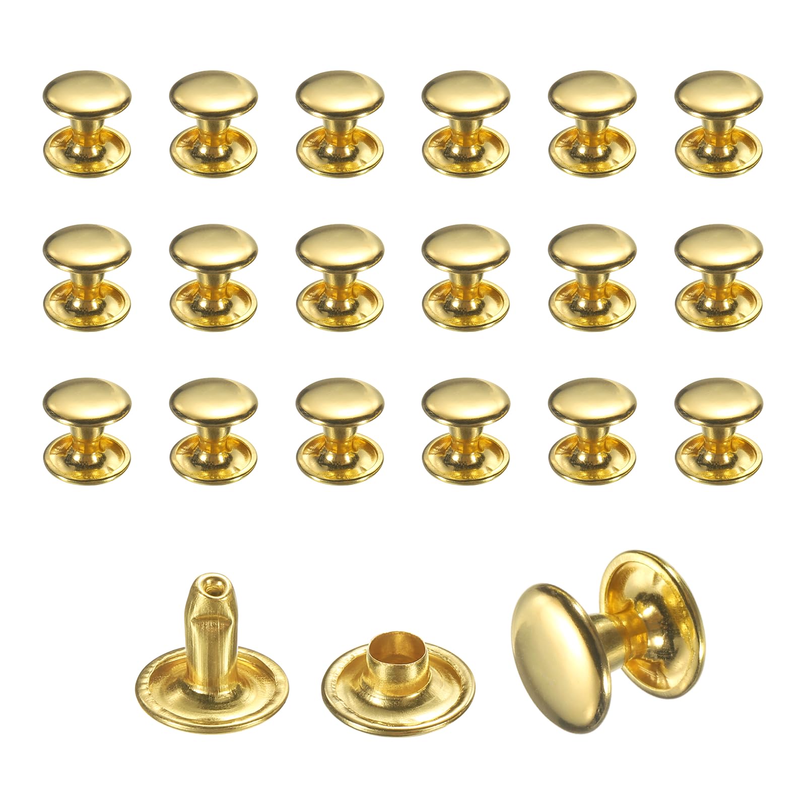 sourcing map 50 Sets Leather Rivets, 9mm Double Cap Rivets, 8mm Height Tubular Metal Studs for Leather Craft Repair and Decoration DIY Clothes, Shoes, Bags, Belts, Gold