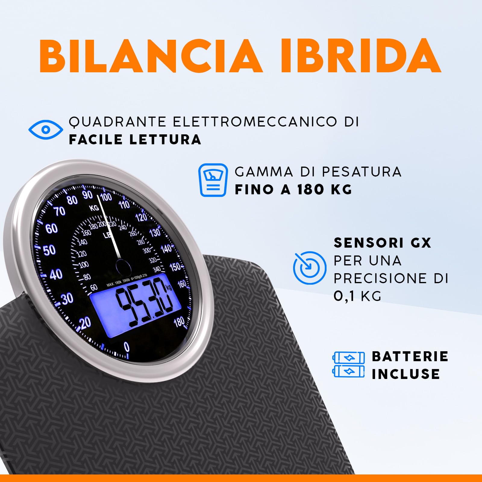 ZENO Bilancia Pesapersone Ibrida - NUOVO - Digitale & Analogica 2-in-1 - Fino a 180 kg - Ampio Display con Retroilluminazione - Robusto Vetro Temperato - Lettura Facile - Nova Nera