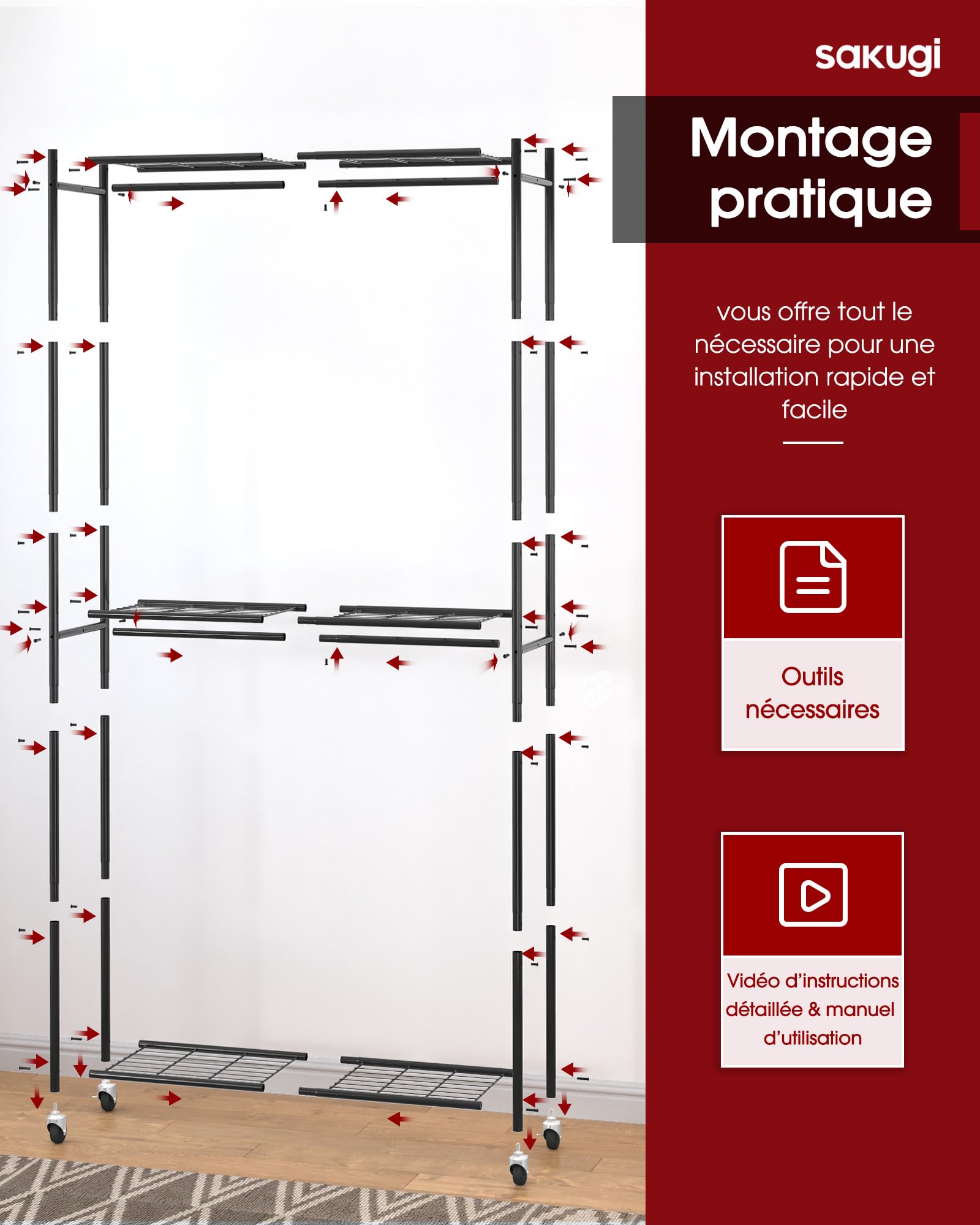 Sakugi Portant à Vêtement 84 x 32 x 202 cm – Penderie Vêtement Dressing Chambre Adulte avec Étagères & Roulettes, Portant Vêtement Solide à Roulettes avec Crochets, Pour Chambre (Noir)