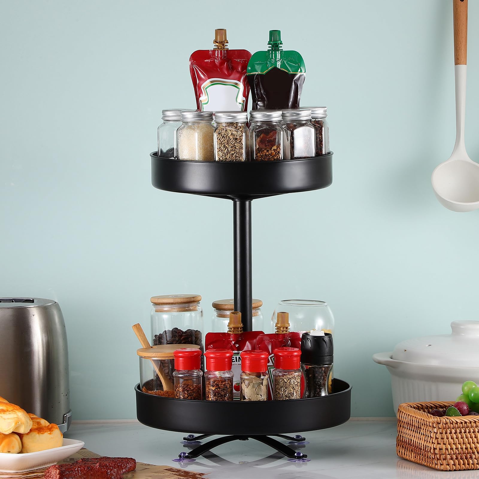 Estante Giratorio Bordes Elevados Organizador de Plástico y Acero Inoxidable y Diseño Giratorio para Especias y Condimentos de Cocina para Barra y Hotel