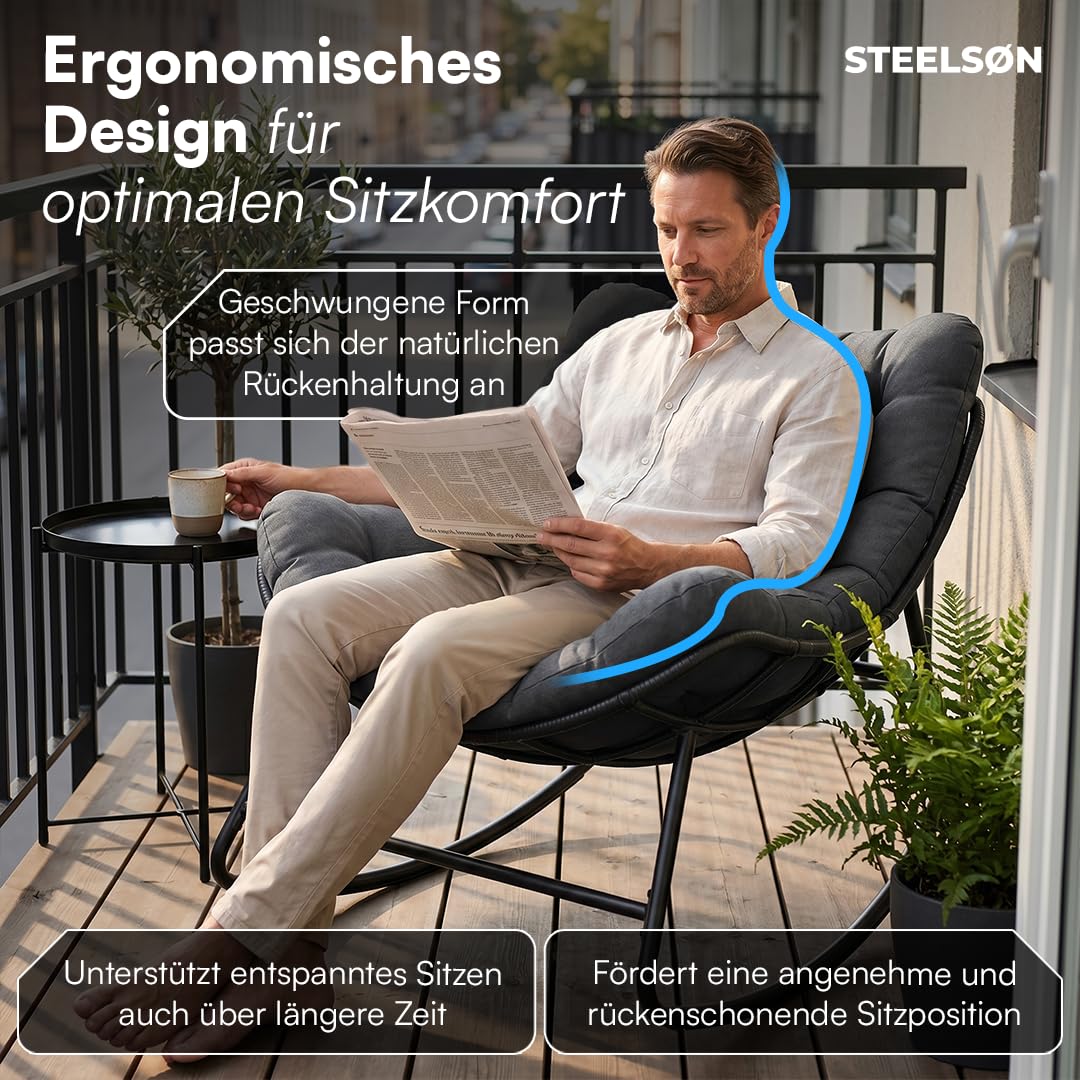 STEELSØN Veldora Schaukelstuhl – XXL Schaukelsessel outdoor/indoor – ergonomischer Gartensessel gepolstert - handgeflochtener Polyrattan - Loungesessel wetterfest & rutschfest – bis 125 kg - anthrazit