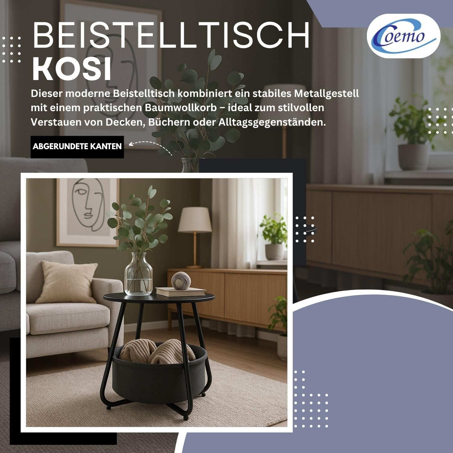 Coemo Couchtisch KOSI aus Metall Ø45x45cm mit Aufbewahrungskorb, Schwarz