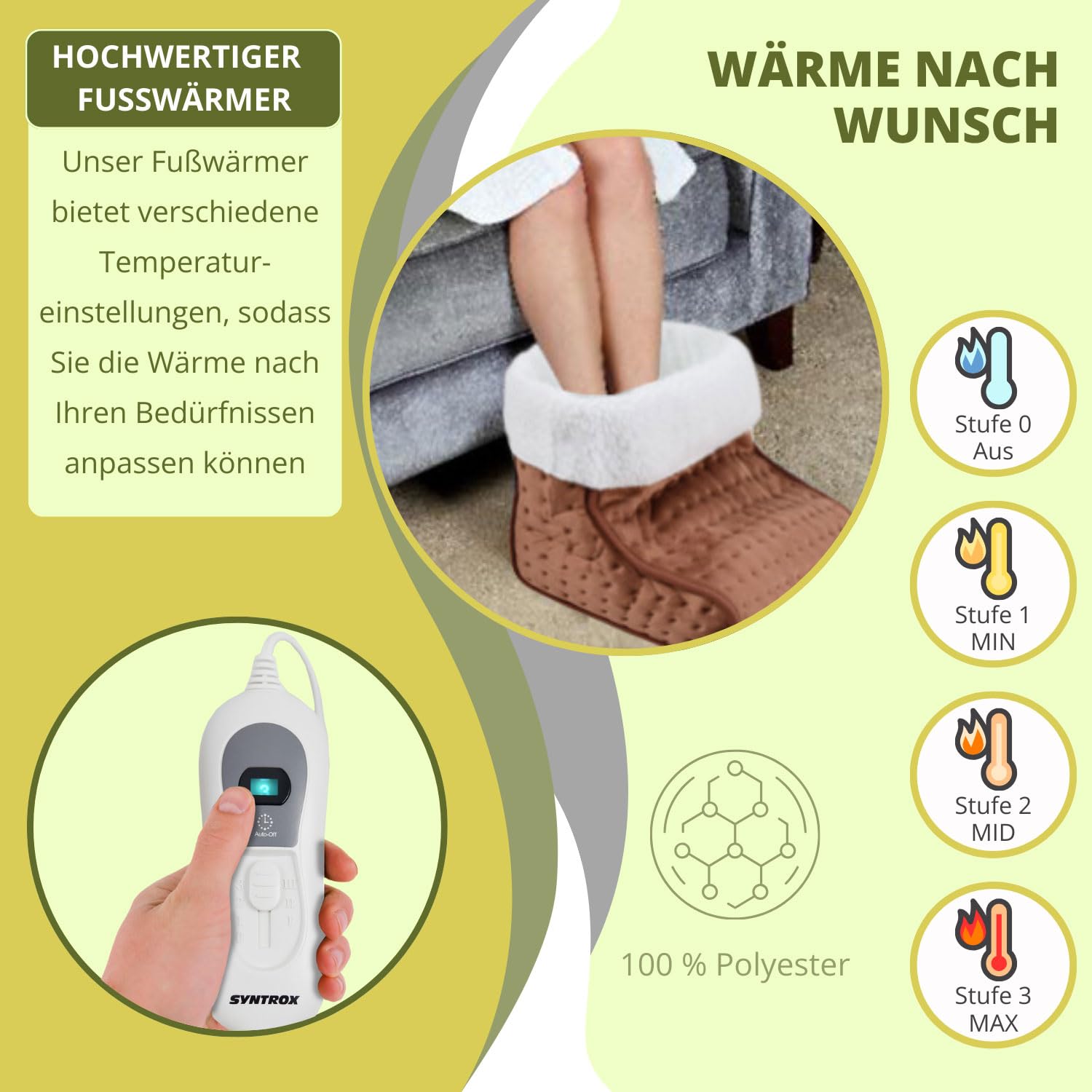 Syntrox Germany Atmungsaktiver Elektrischer Fußwärmer Arutic, Fußheizung für den Winter,Hausschuhe Schuhe, beheizter Fußwärmer, Hausschuhe, 3 Temperaturstufen, 100 Watt