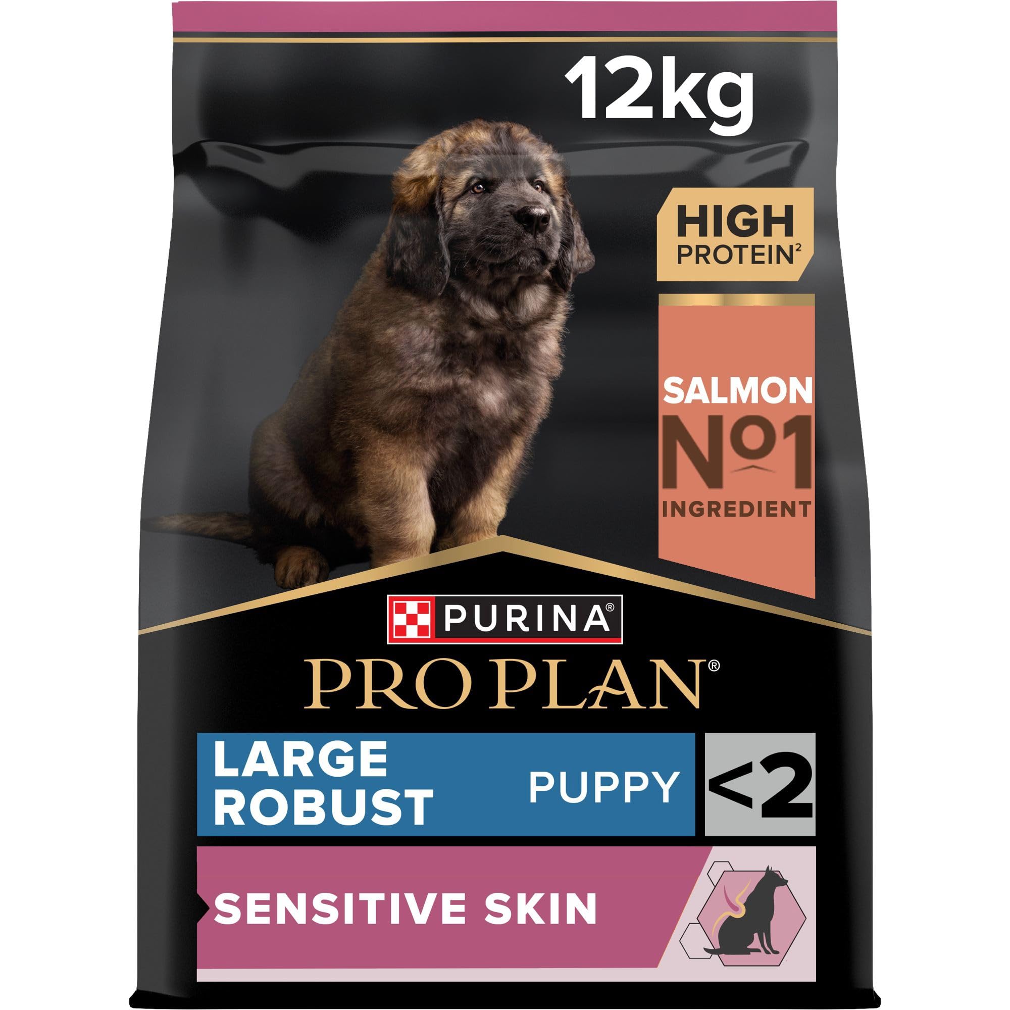 Purina Pro Plan - Large Puppy Robust Sensitive Skin Chien, Saumon - 12 kg | Croquettes Chiot Robuste Saveur Saumon - Sans blé, soutient la santé cutanée et les articulations - Santé Chiot