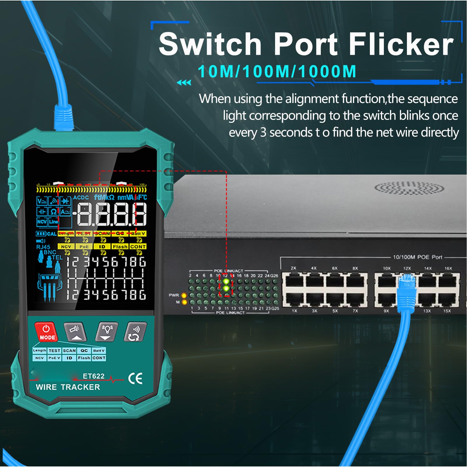 Fafeicy RJ45 RJ11-Kabeltester, Ethernet-Kabeltester, Multifunktionales LAN-Netzwerk, CAT5, CAT6 mit POE, NCV-Test, Digitales Kabelscannen für Netzwerkinstallateure, IT-Experten