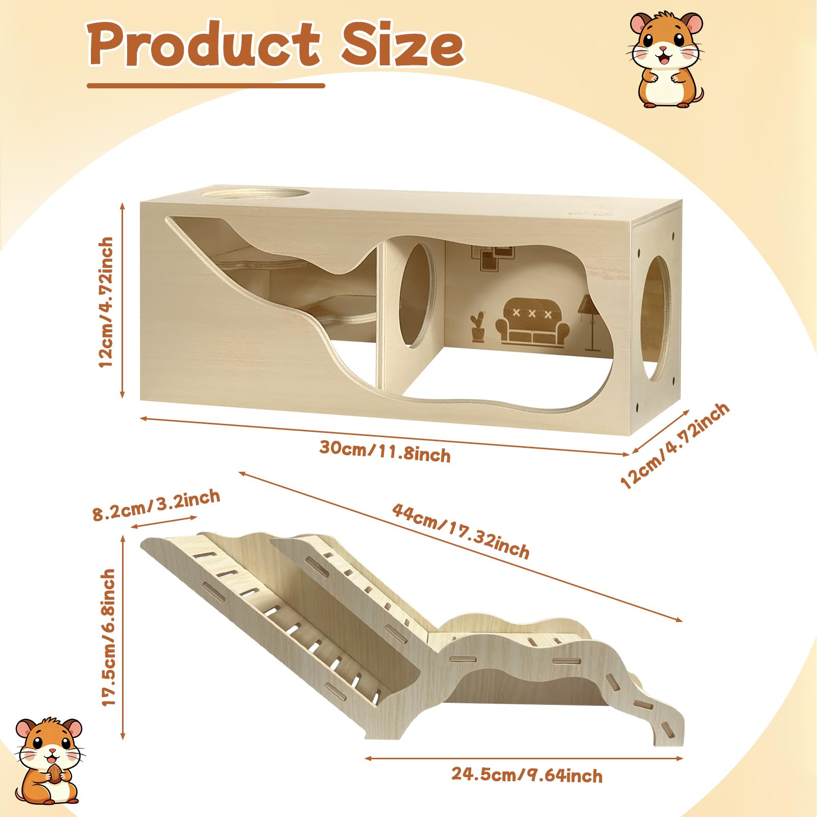 Hamsterversteck & Tunnel Set, 2-teiliges Holzhaus mit Kletterleiter, Erkundungsröhren & Beobachtungsschuppen für Syrische Hamster, Zwerghamster, Mäuse, Rennmäuse, Ratten und andere Kleintiere