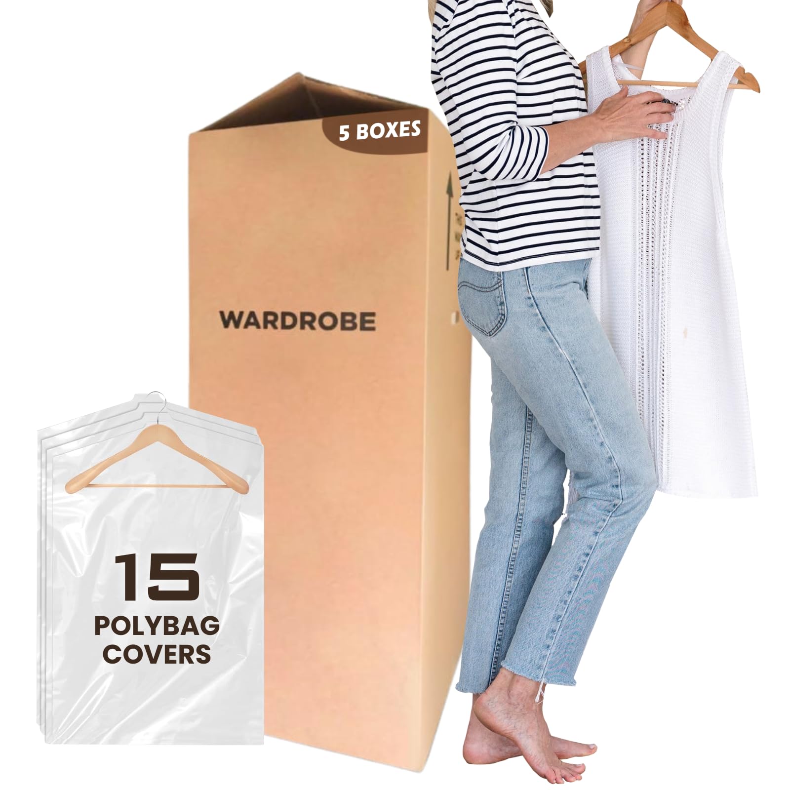 5 Large Strong Cardboard Double Wall Wardrobe Boxes | Portable Hanging Garment Carrier With Hanger Rail & Heavy-Duty Wardrobe Moving Boxes | Easy Access & Spacious Design for Hassle-Free Moving