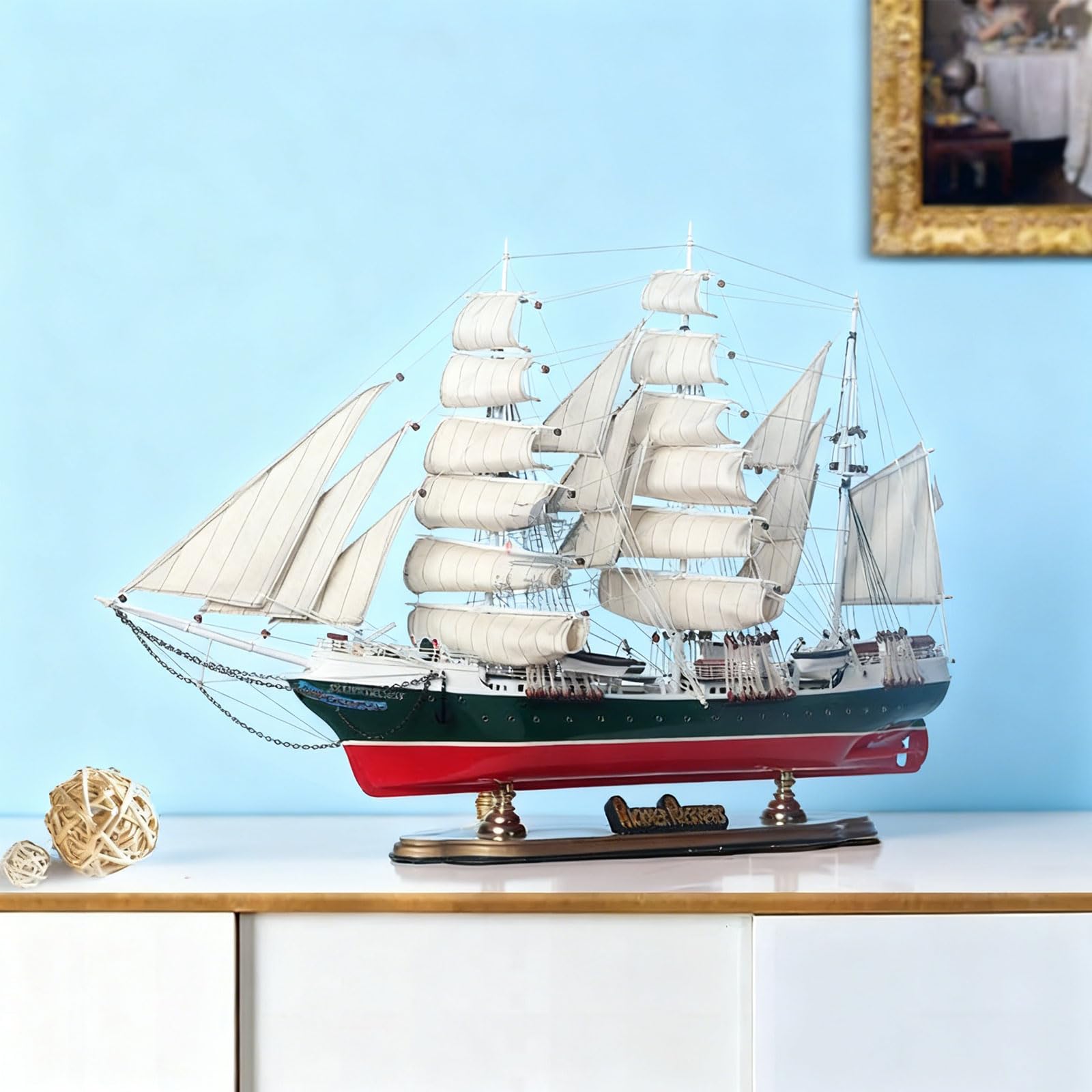 YLME Segelboot Modell Aus Massivholz 52 cm Im Mediterranen Stil Segelboot Modell Aus Holz Als Ornament Kreatives Handgefertigtes Massivholz Kunsthandwerk Als Simulation Ornamente,Rickmore