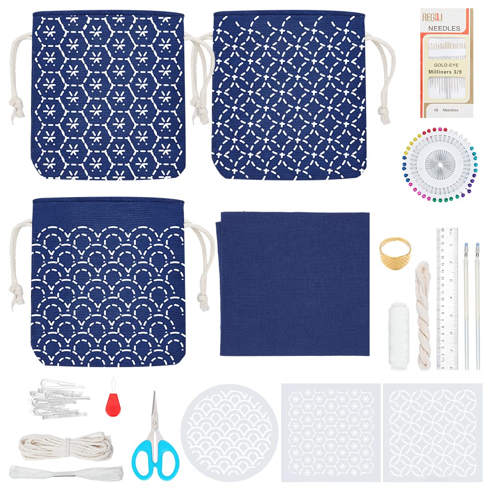 INFUNLY 3 Set Sashiko Drawstring Bag Kit DIY Sashiko Coin Purse Kit Navy Blue Fabric Sashiko Set for Beginners Make Your Own Tote Bag Sashiko Thread and Needles Hand Sewing Kit for Adults