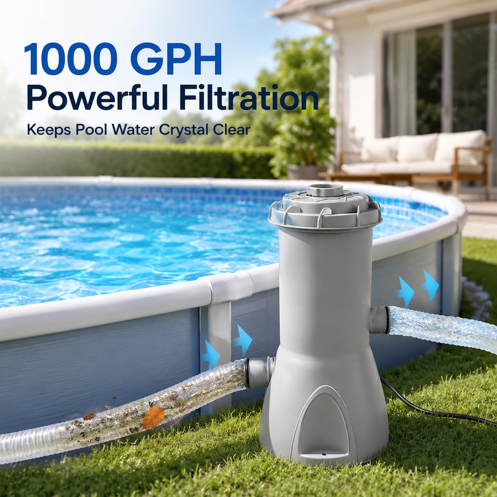 Denash Pompa Filtro per Piscina Fuori Terra da 1000 Galloni, Potente Pompa Filtro a Cartuccia, Efficiente per Piscina per Piscine Fuori Terra