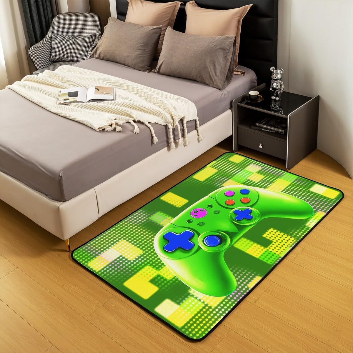 Gamer Gamepad Kids Area Rug,Video Game Console Modern Fashion Indoor Floor Mat Entrance Rug,Geometric Building Block Gaming Non Slip Rug,Green Couch Living Room Decor,5'x6'6'' image 5
